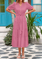PRETTYGARDEN Women's Midi Dress Casual Short Sleeve V Neck Buttons Belted Ruffle A Line Flowy Dress with Pockets
