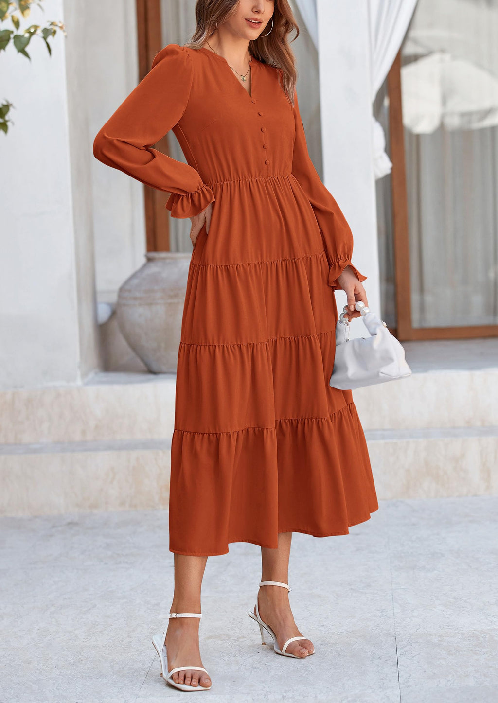 PRETTYGARDEN Women Fall Long Sleeve Smocked Maxi Dress Casual Square Neck Swiss Dot Tiered Ruffle Flowy Spring Pocket Dresses