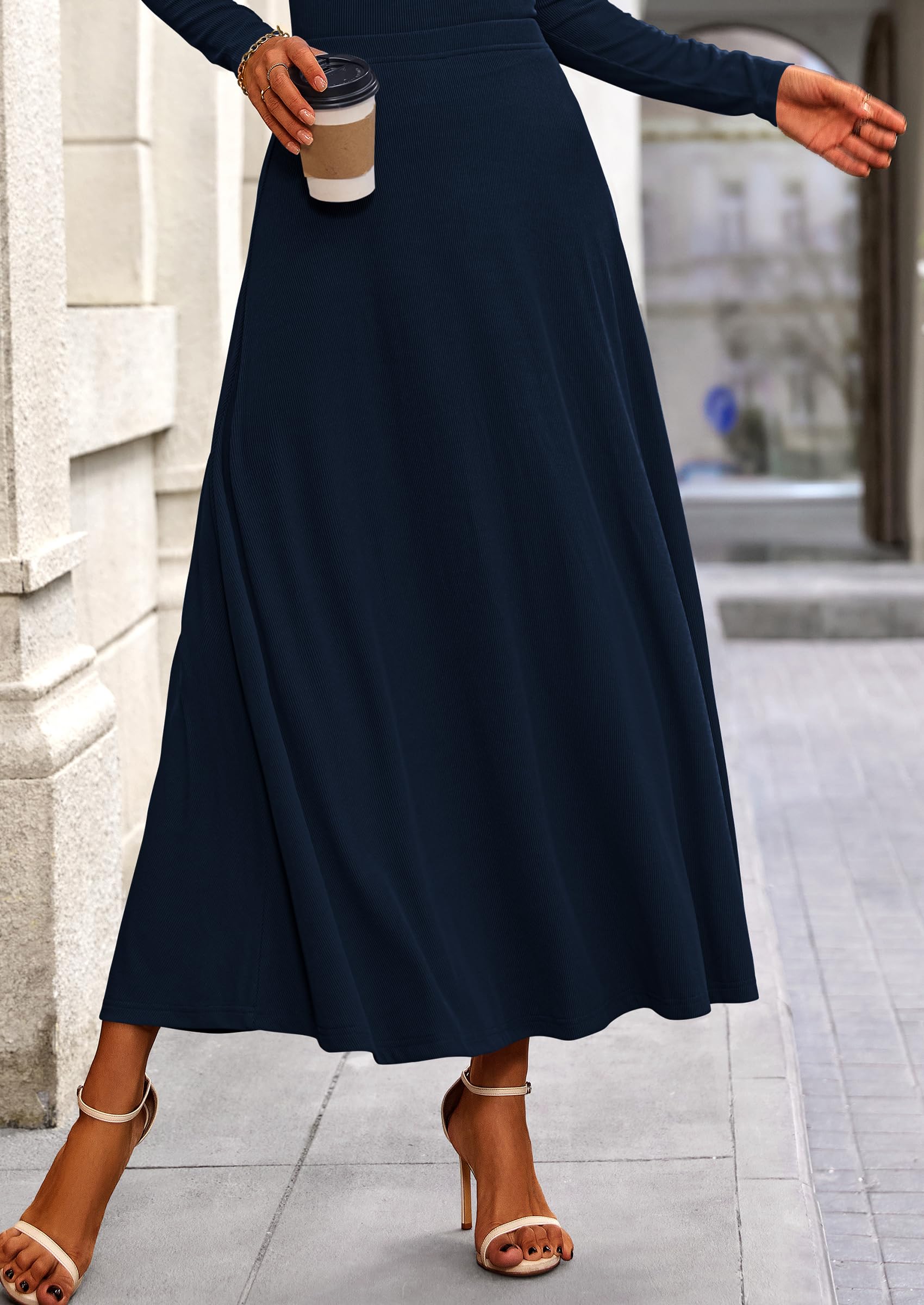 PRETTYGARDEN 2 Piece Casual Ribbed Knit Long Sleeve Crop Tops Maxi Flowy Skirts Matching Sets