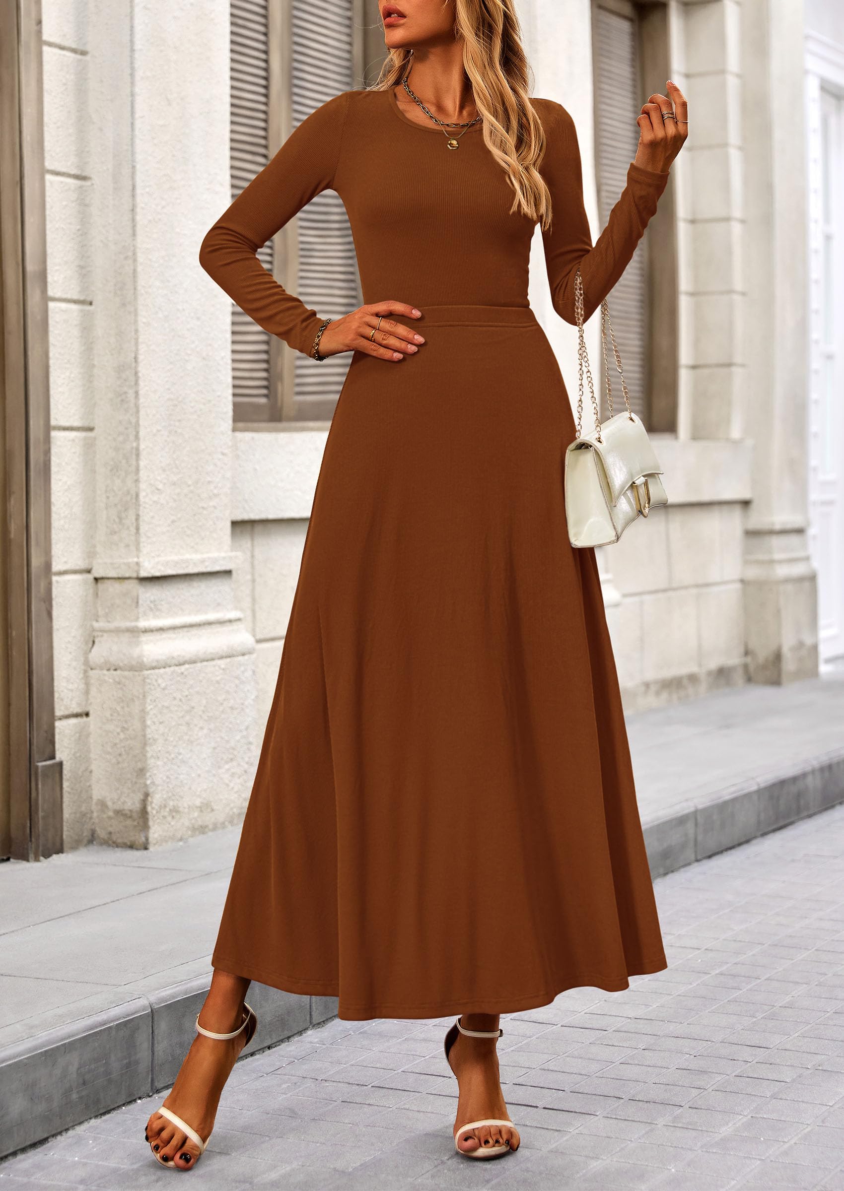 PRETTYGARDEN 2 Piece Casual Ribbed Knit Long Sleeve Crop Tops Maxi Flowy Skirts Matching Sets