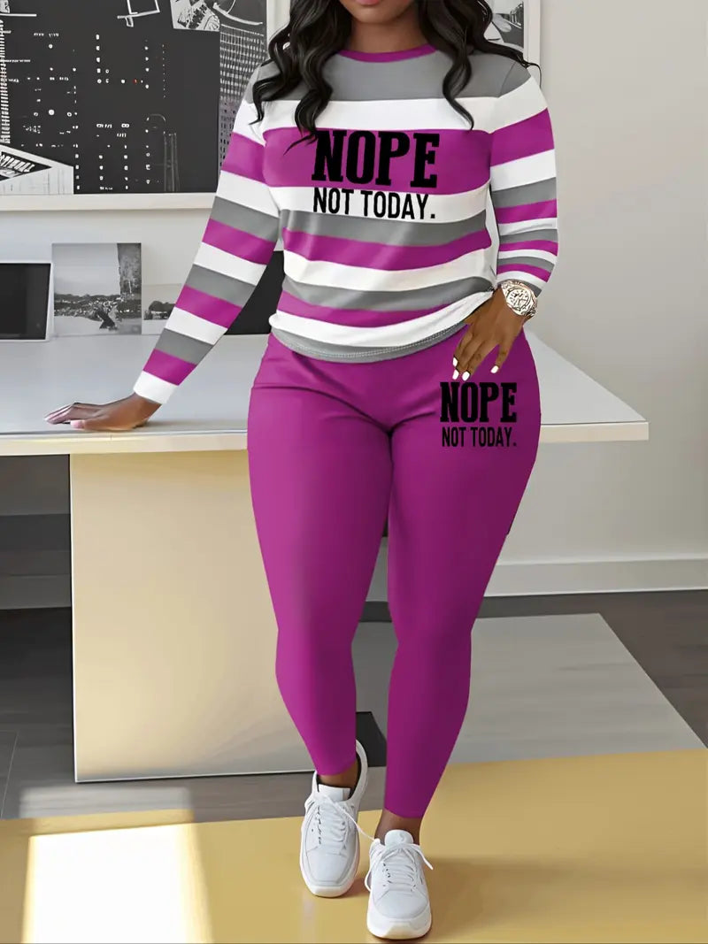 Two-piece Set Women's Striped and Letter Print Tee & Elastic Waist Pants