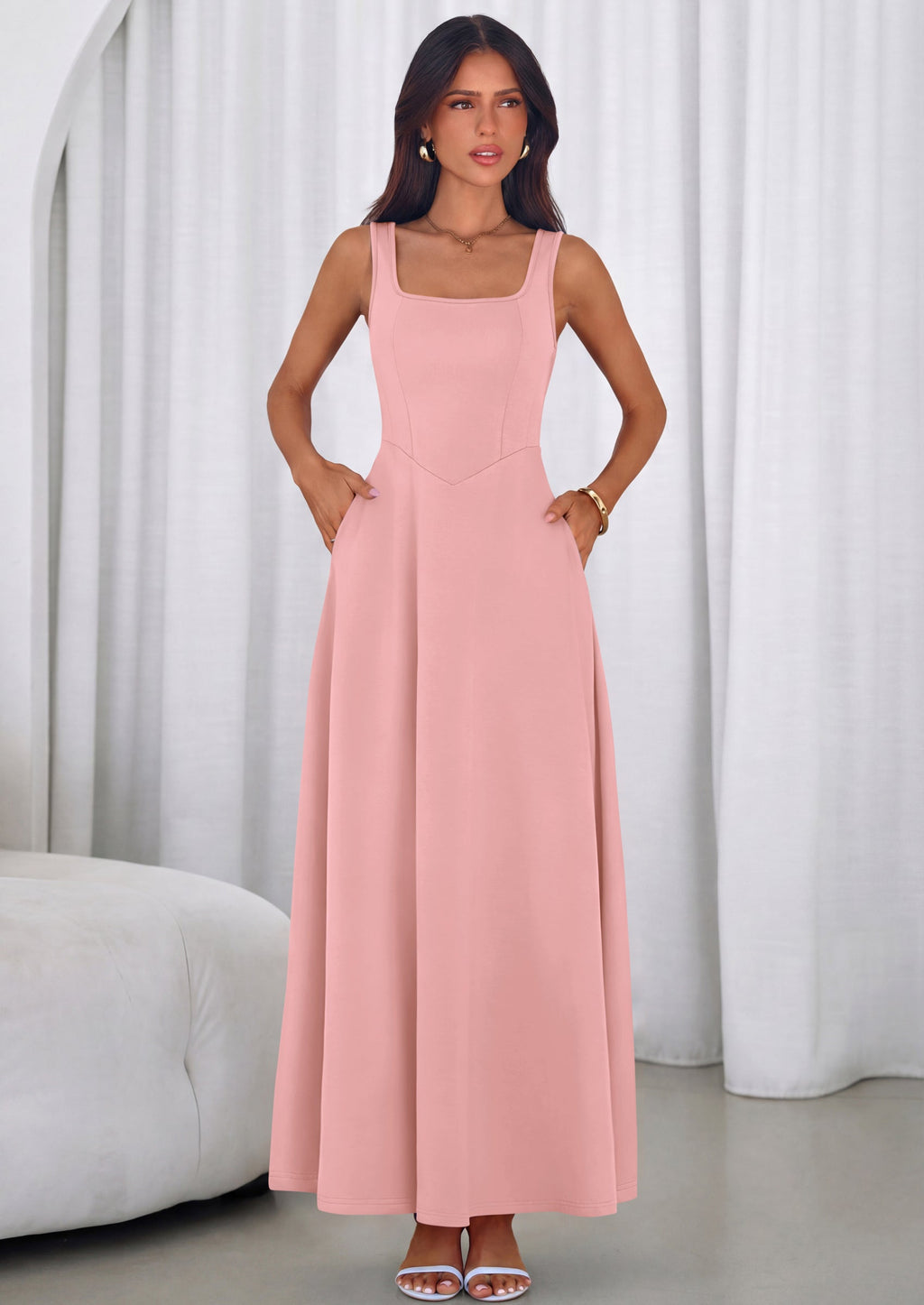 PRETTYGARDEN Womens Summer Dresses Sleeveless Elegant Square Neck Aline Swing Maxi Beach Wedding Guest Dress Pockets