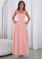 PRETTYGARDEN Womens Summer Dresses Sleeveless Elegant Square Neck Aline Swing Maxi Beach Wedding Guest Dress Pockets
