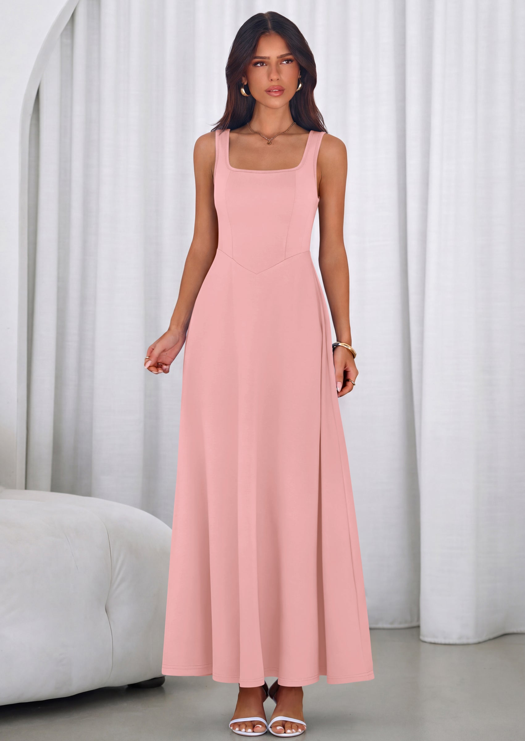 PRETTYGARDEN Womens Summer Dresses Sleeveless Elegant Square Neck Aline Swing Maxi Beach Wedding Guest Dress Pockets