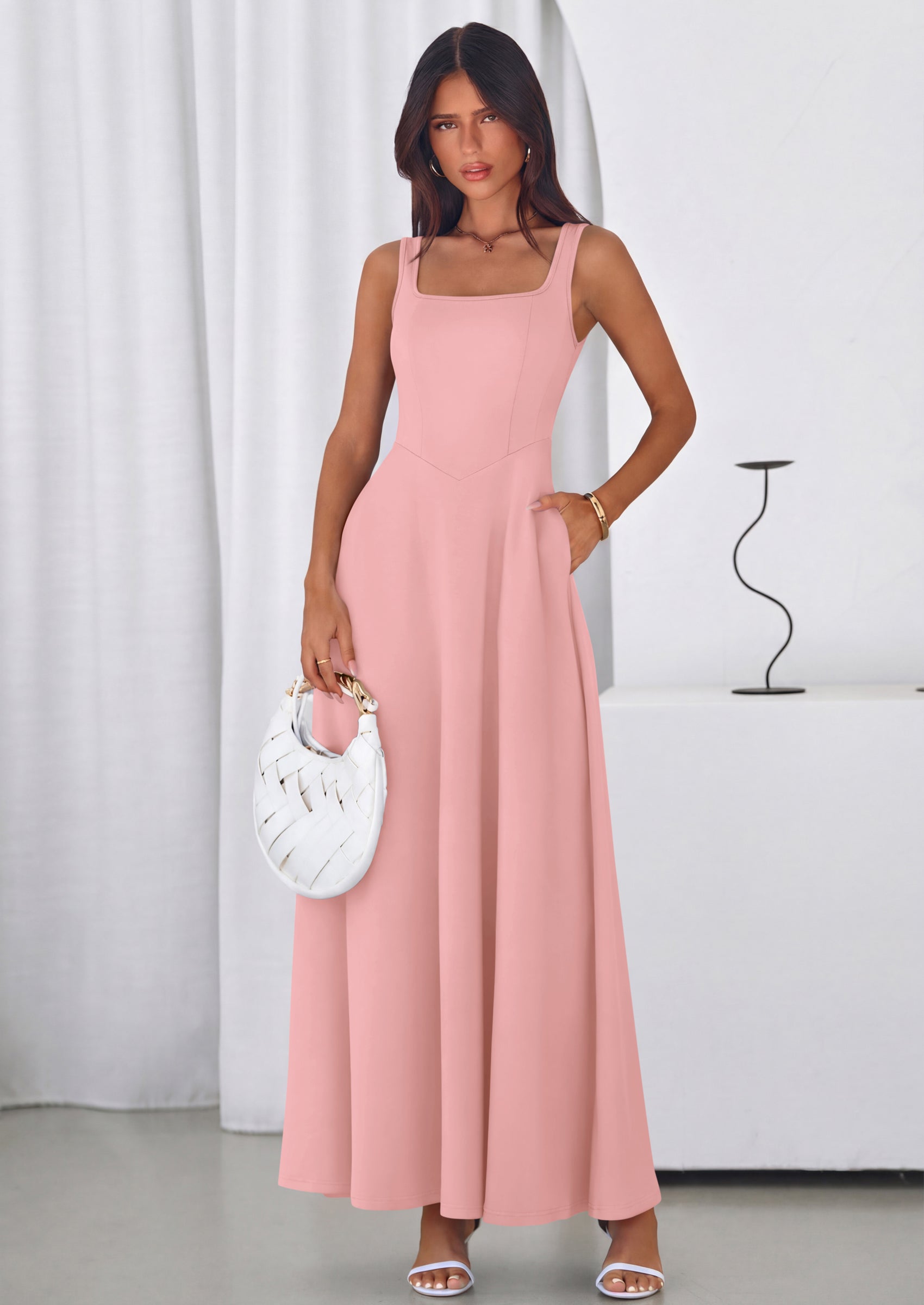 PRETTYGARDEN Womens Summer Dresses Sleeveless Elegant Square Neck Aline Swing Maxi Beach Wedding Guest Dress Pockets