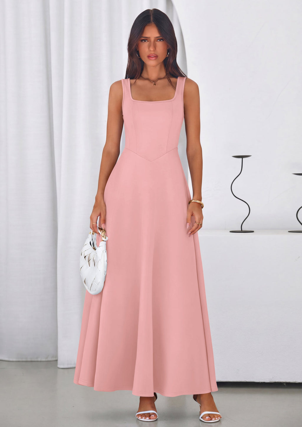 PRETTYGARDEN Womens Summer Dresses Sleeveless Elegant Square Neck Aline Swing Maxi Beach Wedding Guest Dress Pockets