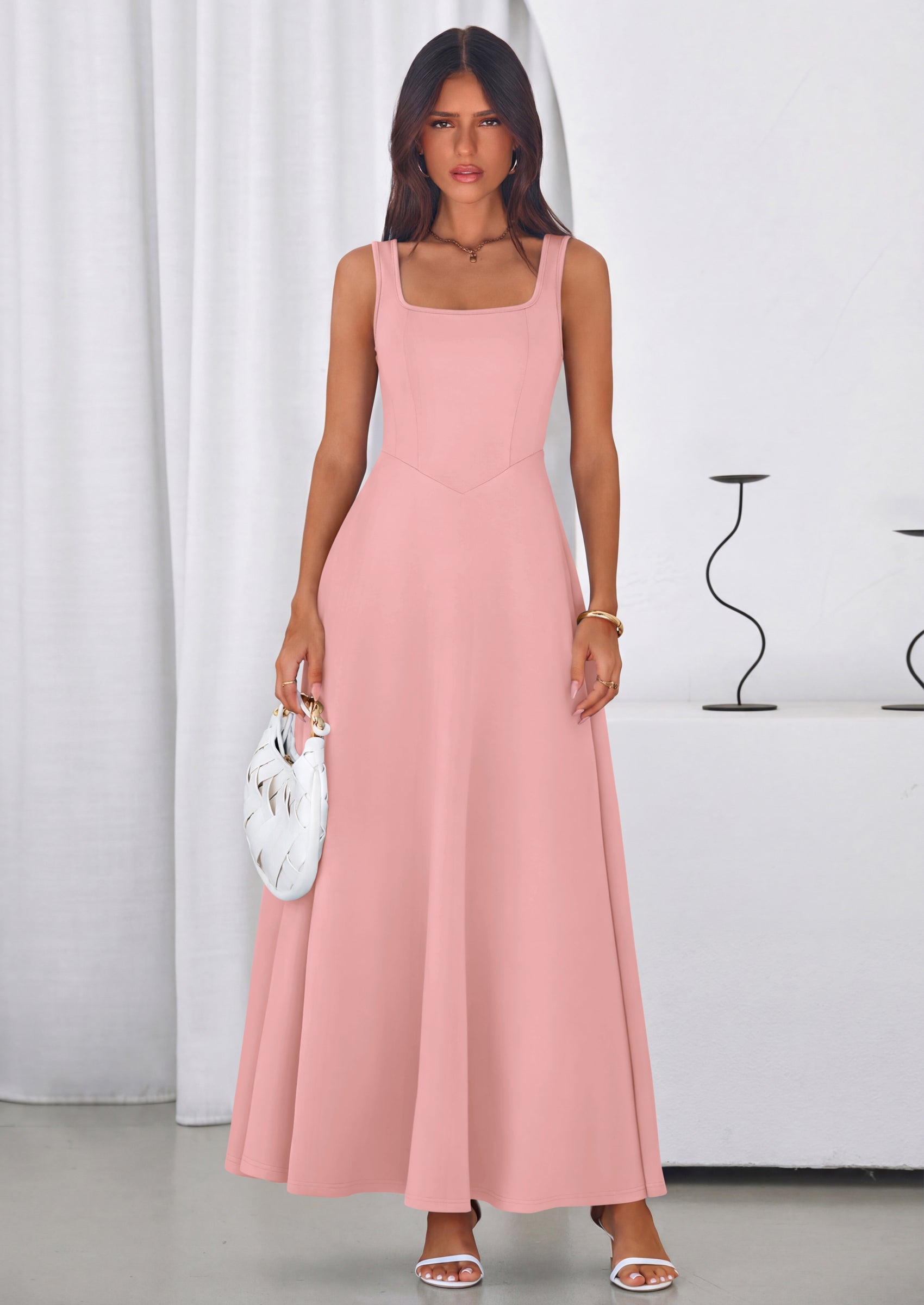 PRETTYGARDEN Womens Summer Dresses Sleeveless Elegant Square Neck Aline Swing Maxi Beach Wedding Guest Dress Pockets