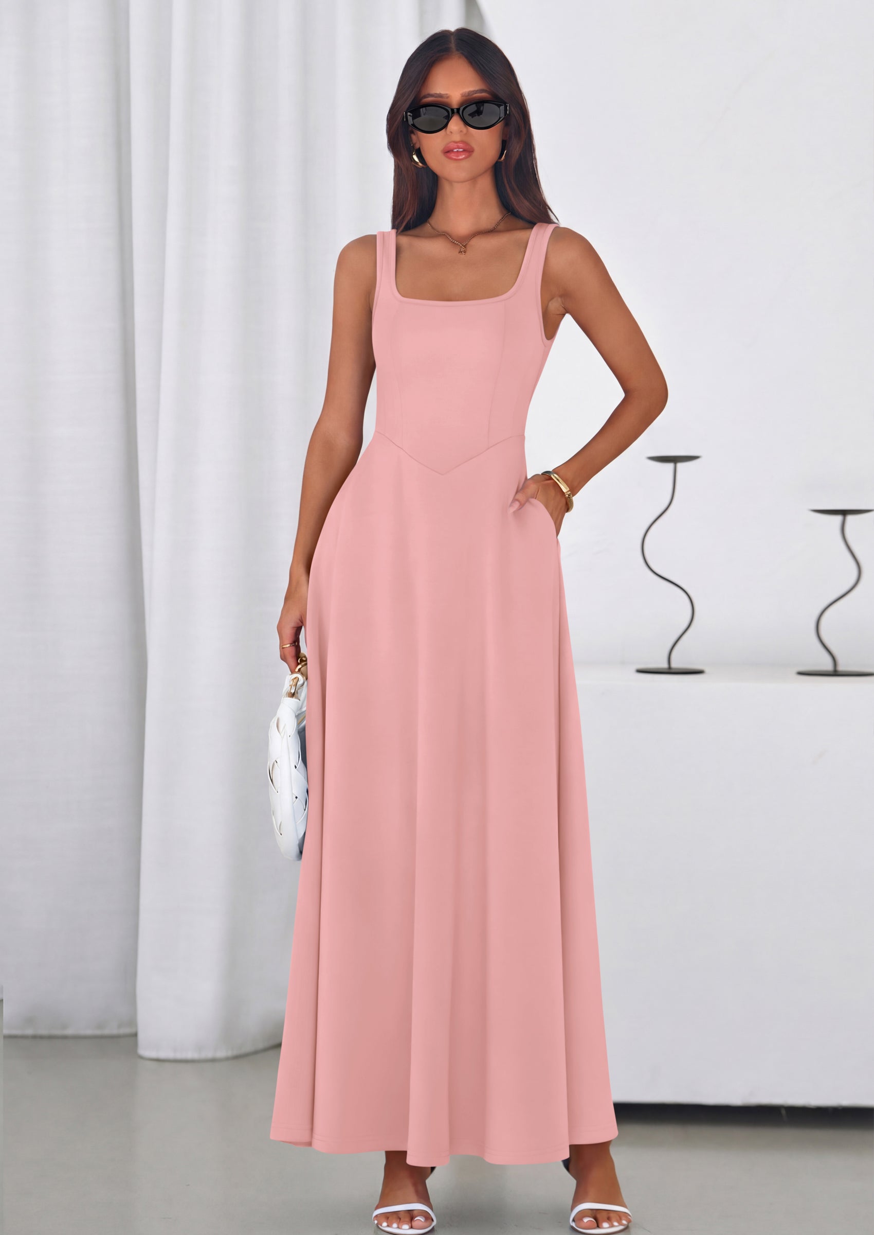 PRETTYGARDEN Womens Summer Dresses Sleeveless Elegant Square Neck Aline Swing Maxi Beach Wedding Guest Dress Pockets