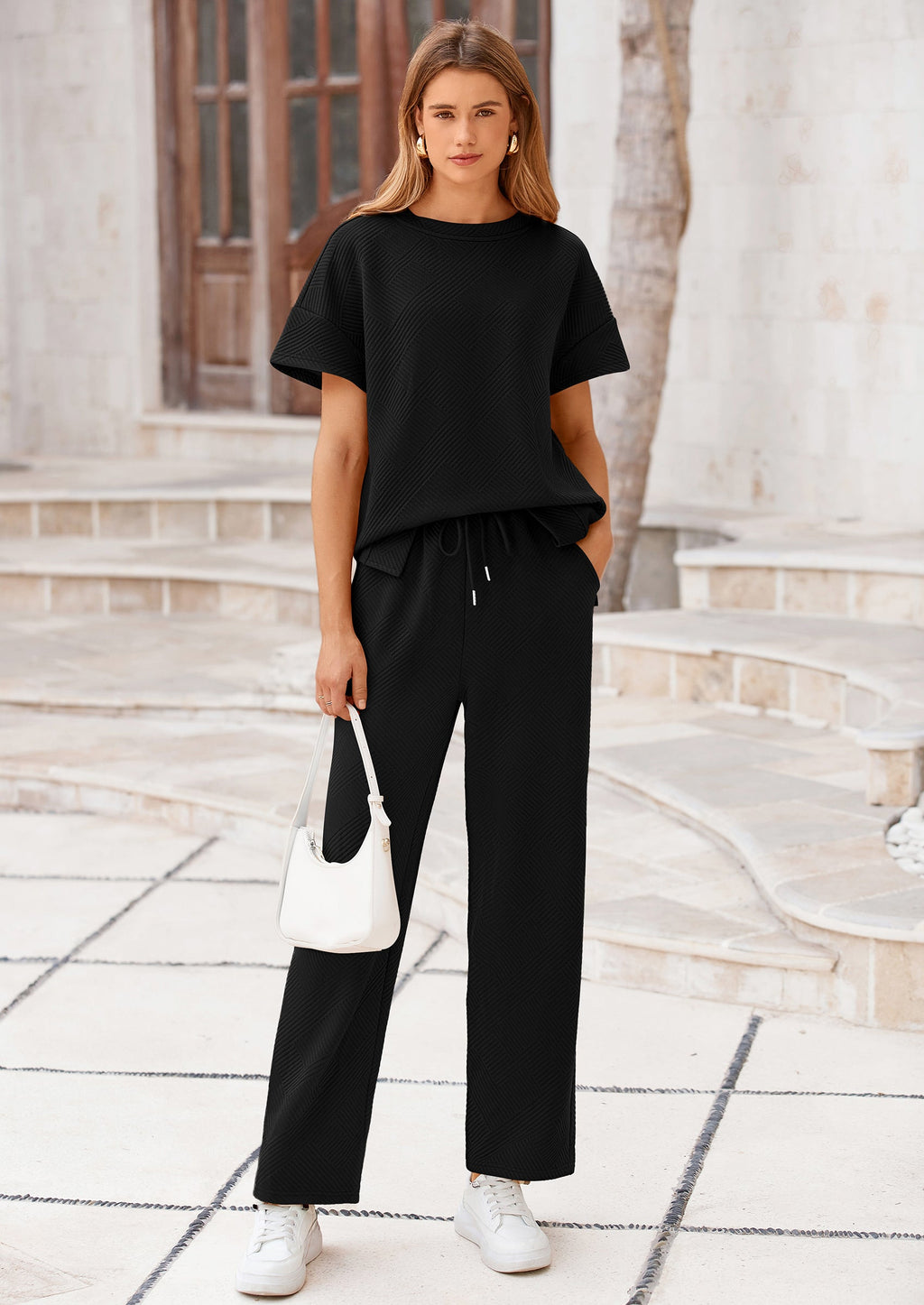 PRETTYGARDEN 2 Piece Outfits For Women Casual Tracksuit Short Sleeve Tops And Wide Leg Long Pants Matching Lounge Sets
