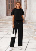 PRETTYGARDEN 2 Piece Outfits For Women Casual Tracksuit Short Sleeve Tops And Wide Leg Long Pants Matching Lounge Sets