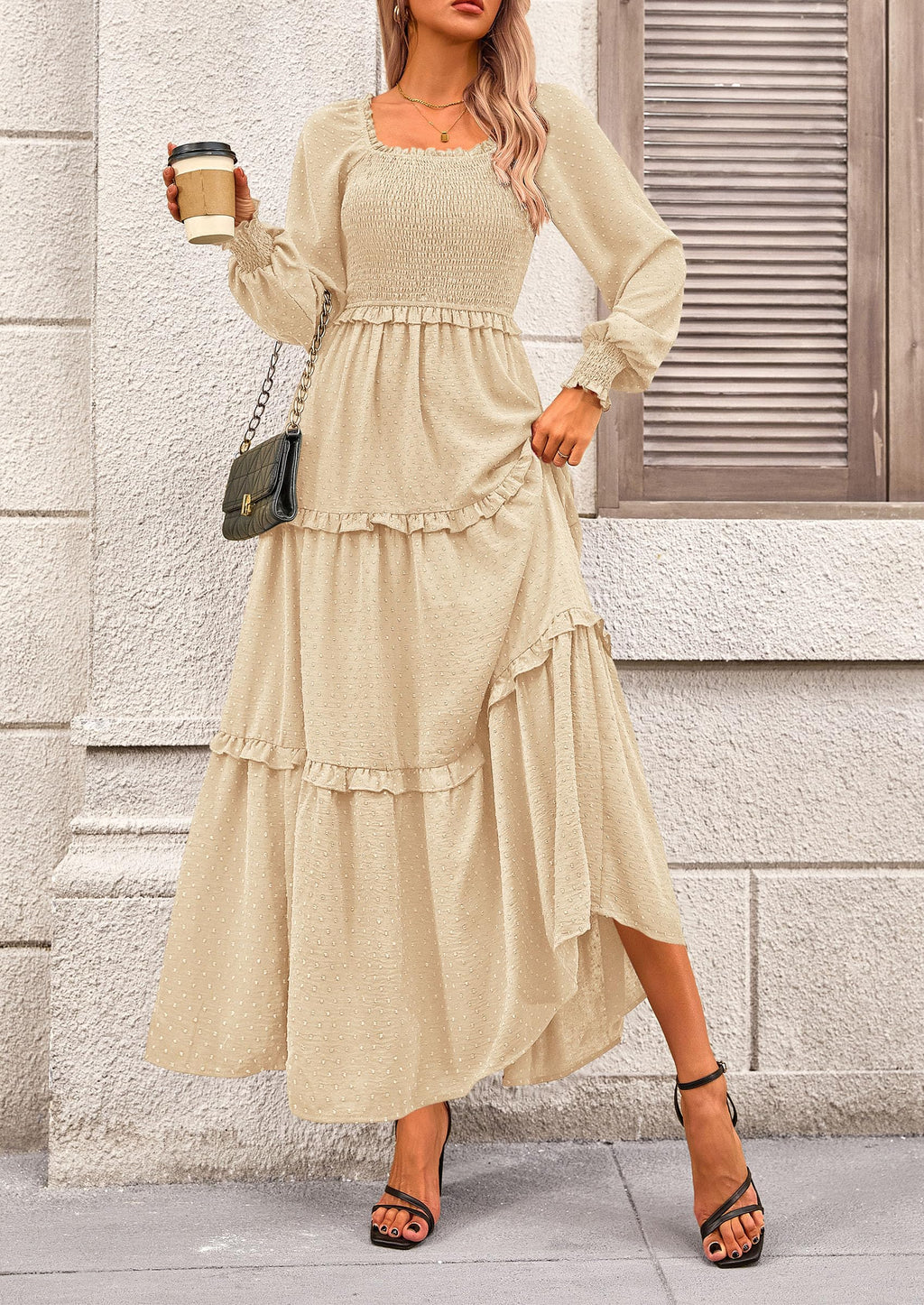 PRETTYGARDEN Women Fall Long Sleeve Smocked Maxi Dress Casual Square Neck Swiss Dot Tiered Ruffle Flowy Spring Pocket Dresses