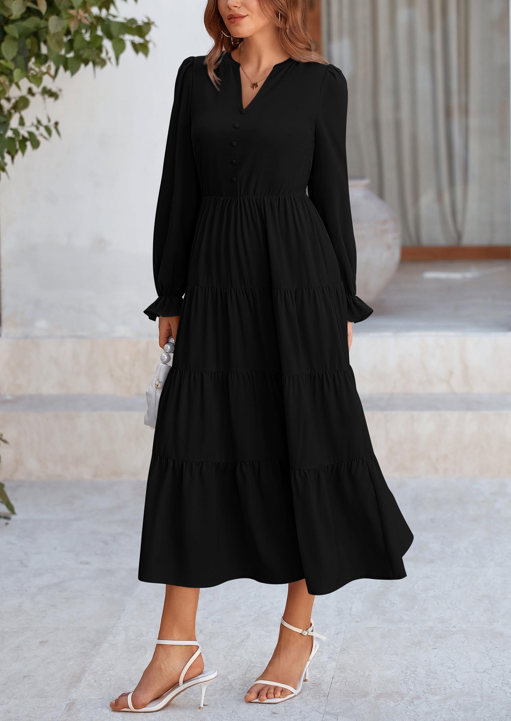 PRETTYGARDEN Women Fall Long Sleeve Smocked Maxi Dress Casual Square Neck Swiss Dot Tiered Ruffle Flowy Spring Pocket Dresses