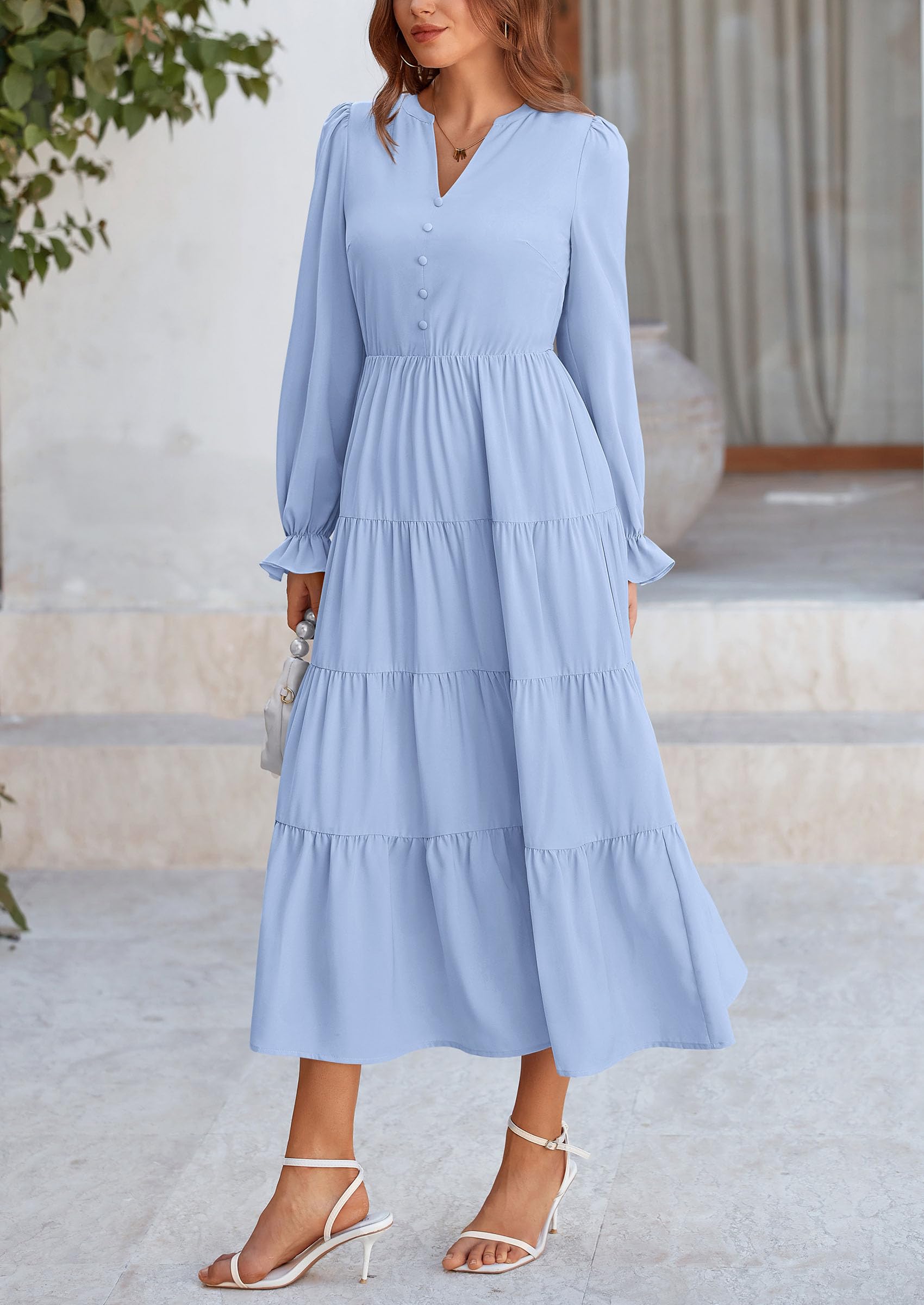 PRETTYGARDEN Women Fall Long Sleeve Smocked Maxi Dress Casual Square Neck Swiss Dot Tiered Ruffle Flowy Spring Pocket Dresses