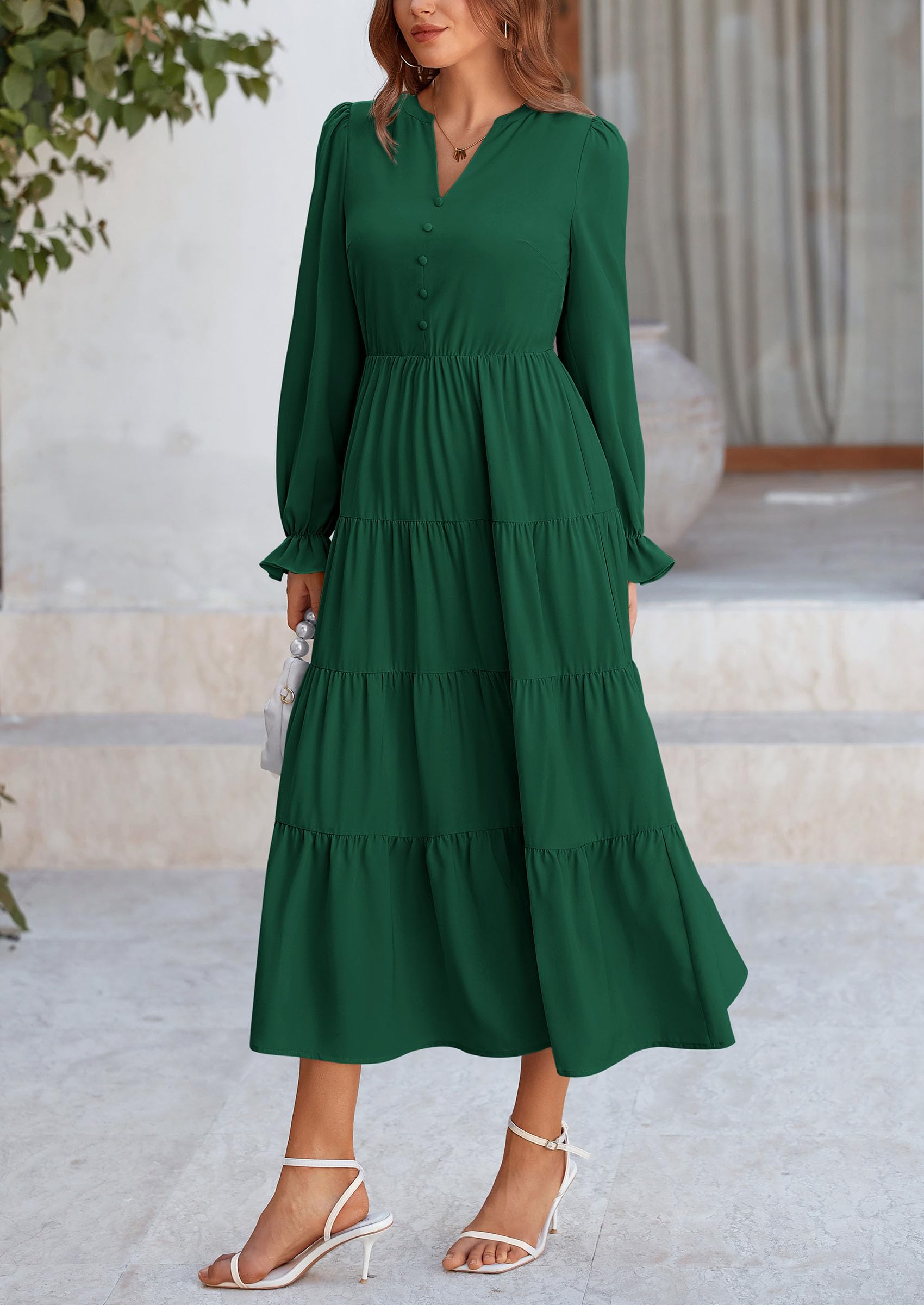 PRETTYGARDEN Women Fall Long Sleeve Smocked Maxi Dress Casual Square Neck Swiss Dot Tiered Ruffle Flowy Spring Pocket Dresses