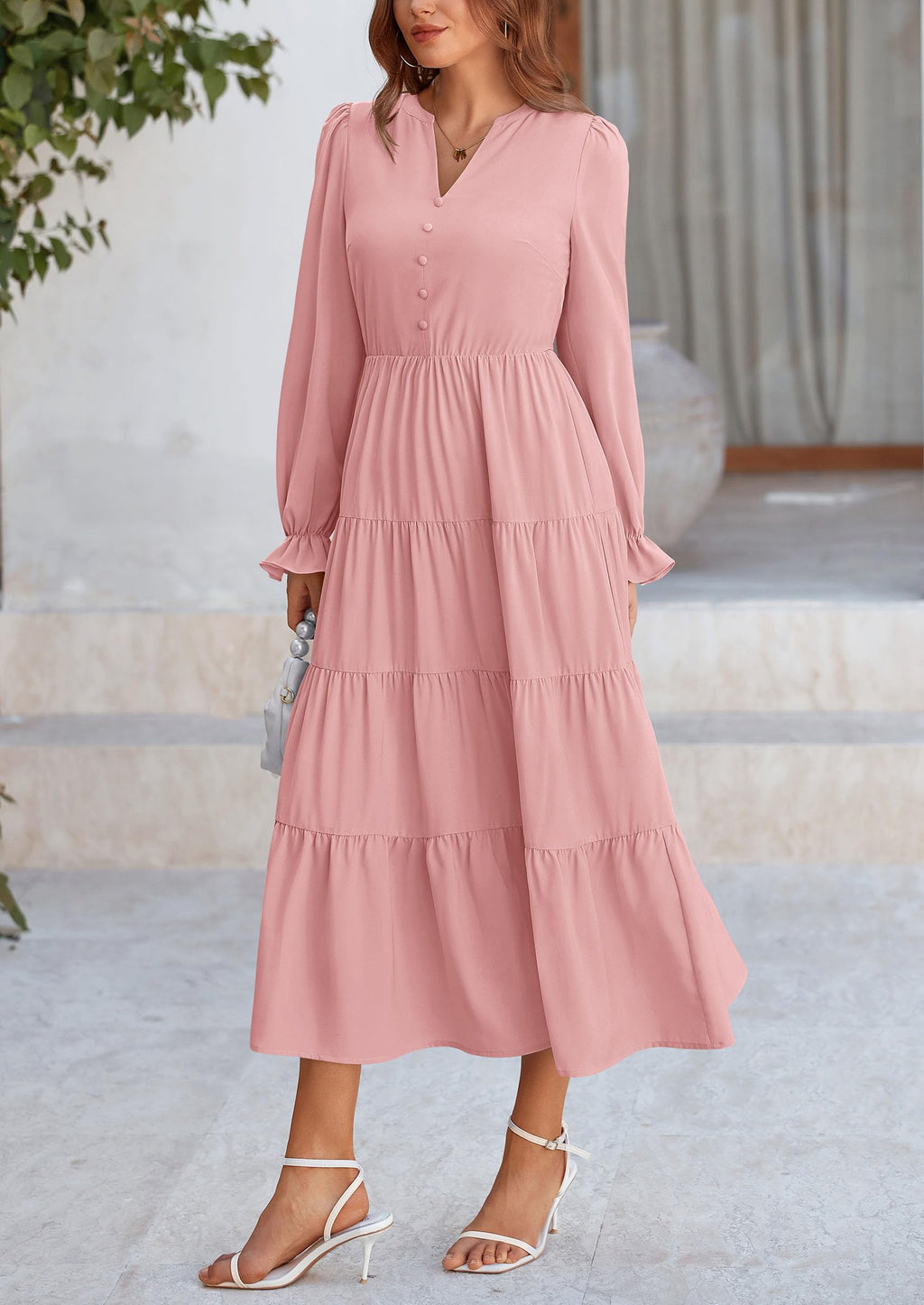 PRETTYGARDEN Women Fall Long Sleeve Smocked Maxi Dress Casual Square Neck Swiss Dot Tiered Ruffle Flowy Spring Pocket Dresses