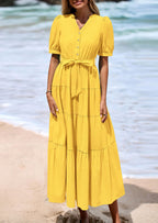PRETTYGARDEN Women's Midi Dress Casual Short Sleeve V Neck Buttons Belted Ruffle A Line Flowy Dress with Pockets