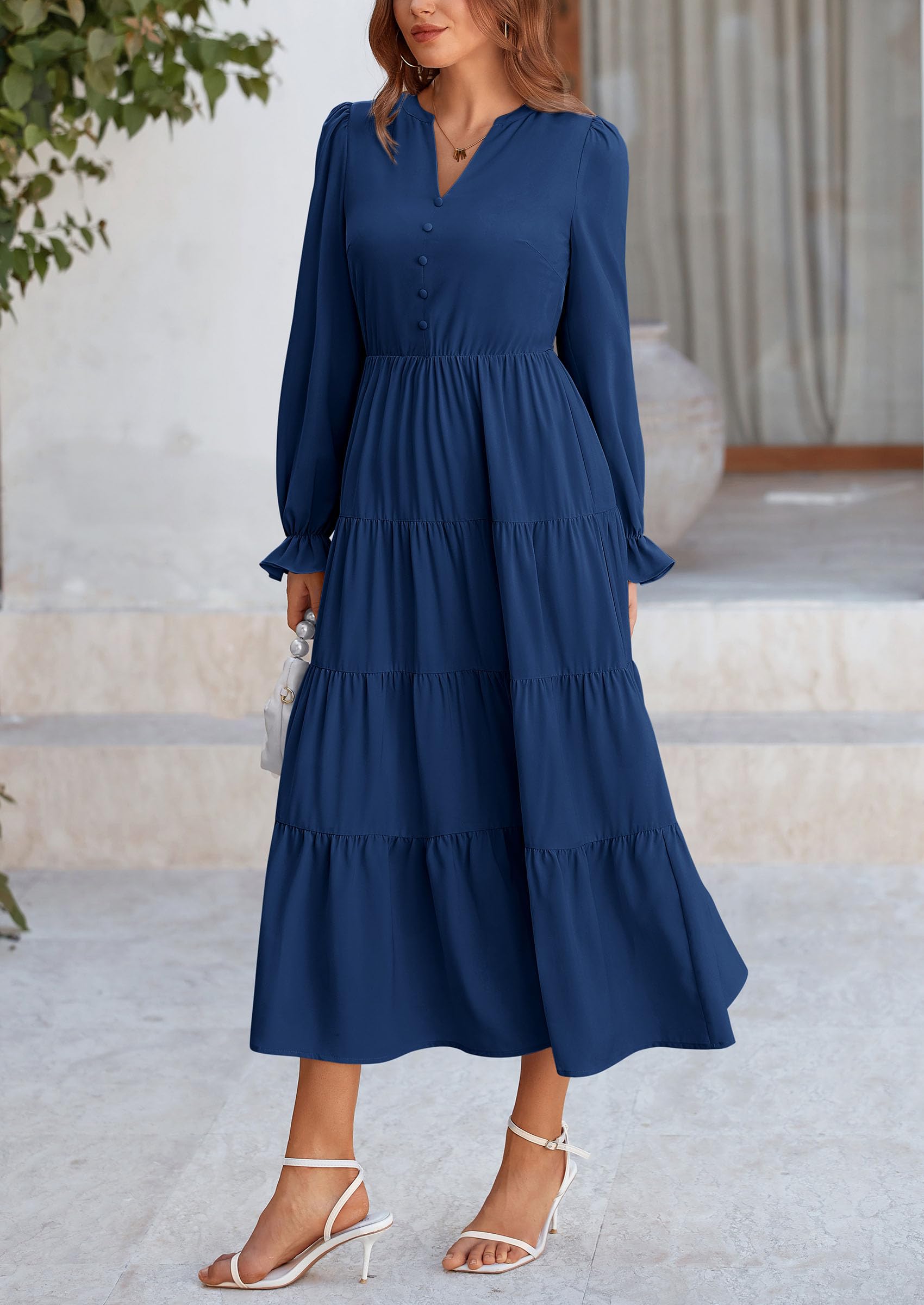 PRETTYGARDEN Women Fall Long Sleeve Smocked Maxi Dress Casual Square Neck Swiss Dot Tiered Ruffle Flowy Spring Pocket Dresses