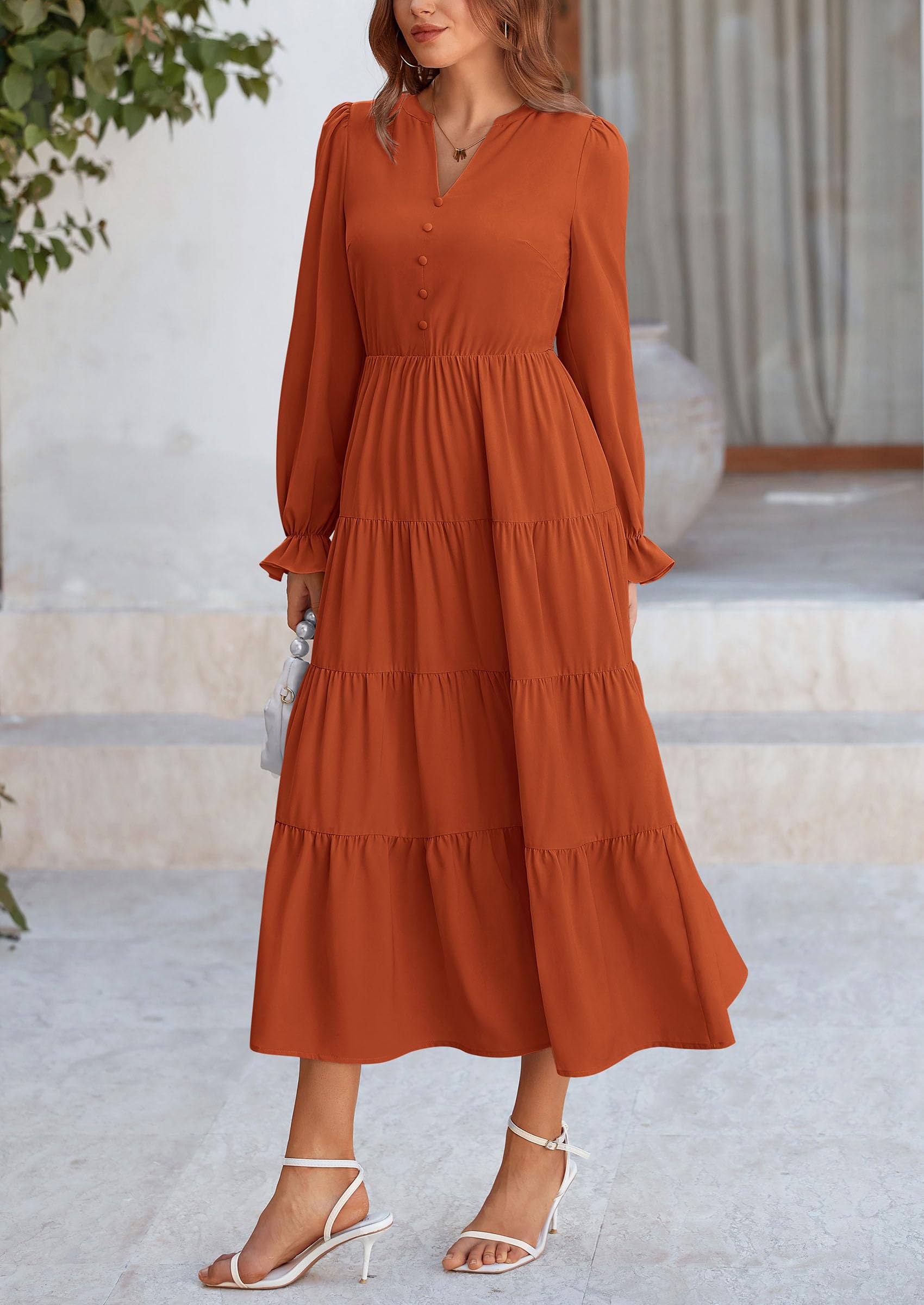 PRETTYGARDEN Women Fall Long Sleeve Smocked Maxi Dress Casual Square Neck Swiss Dot Tiered Ruffle Flowy Spring Pocket Dresses