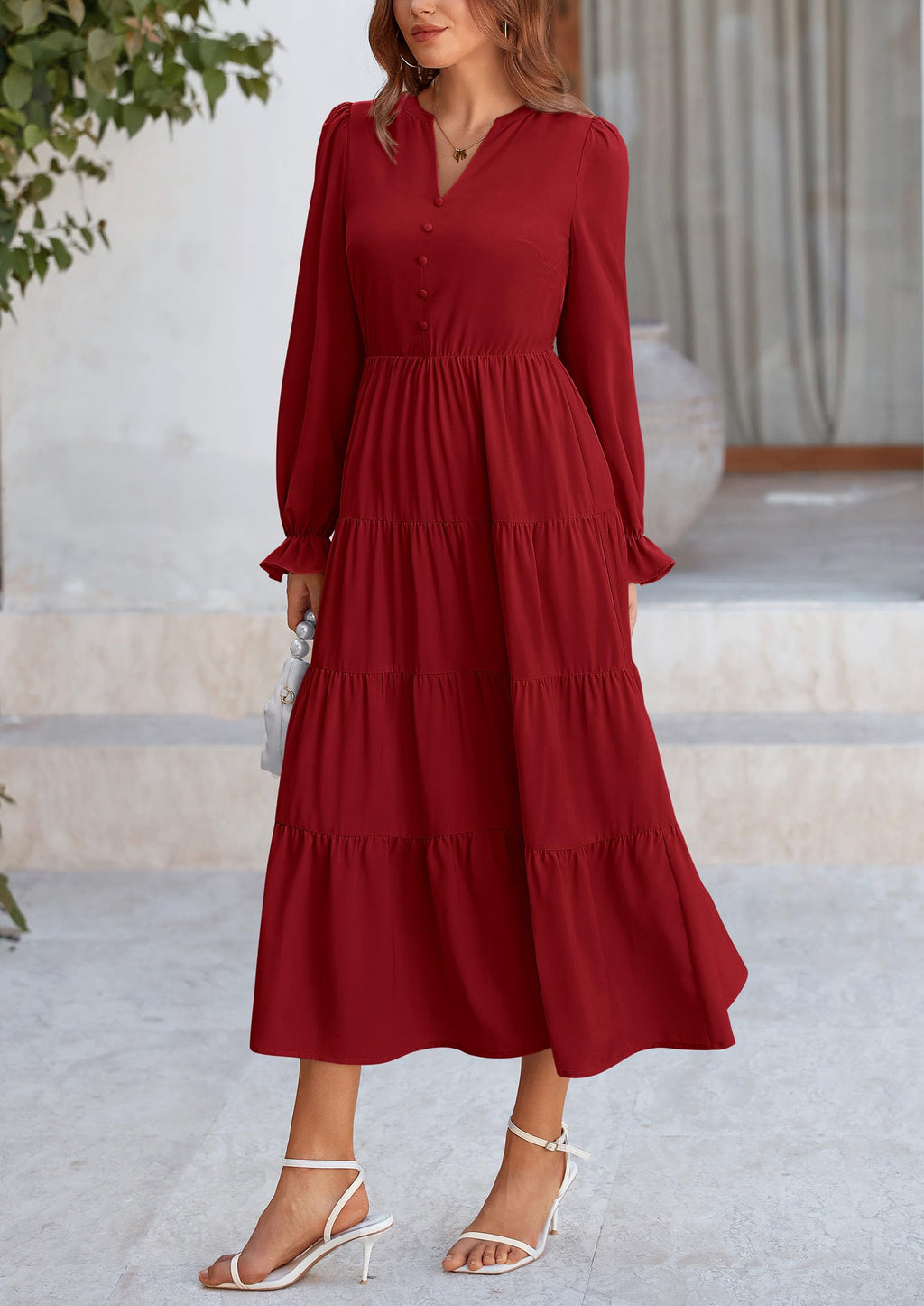 PRETTYGARDEN Women Fall Long Sleeve Smocked Maxi Dress Casual Square Neck Swiss Dot Tiered Ruffle Flowy Spring Pocket Dresses