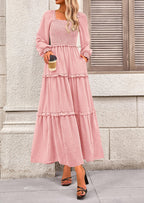 PRETTYGARDEN Women Fall Long Sleeve Smocked Maxi Dress Casual Square Neck Swiss Dot Tiered Ruffle Flowy Spring Pocket Dresses