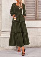 PRETTYGARDEN Women Fall Long Sleeve Smocked Maxi Dress Casual Square Neck Swiss Dot Tiered Ruffle Flowy Spring Pocket Dresses
