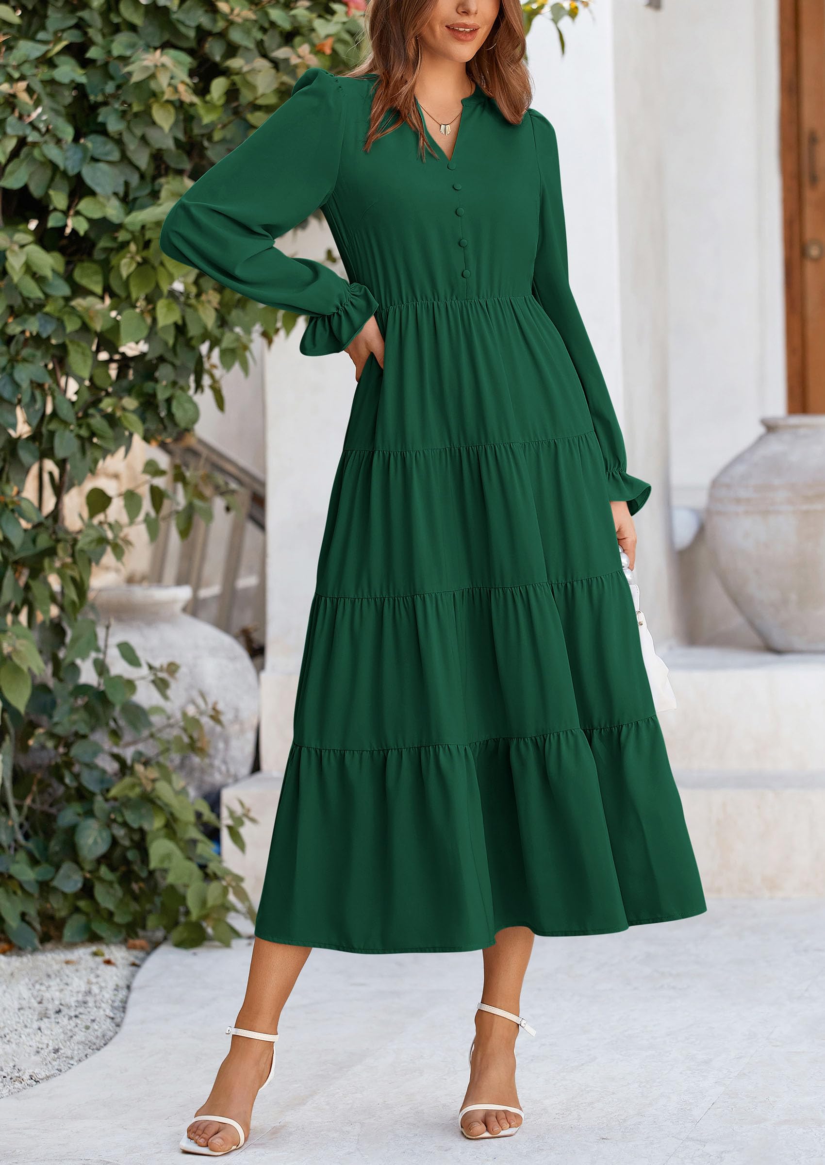 PRETTYGARDEN Women Fall Long Sleeve Smocked Maxi Dress Casual Square Neck Swiss Dot Tiered Ruffle Flowy Spring Pocket Dresses