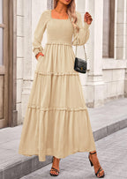 PRETTYGARDEN Women Fall Long Sleeve Smocked Maxi Dress Casual Square Neck Swiss Dot Tiered Ruffle Flowy Spring Pocket Dresses
