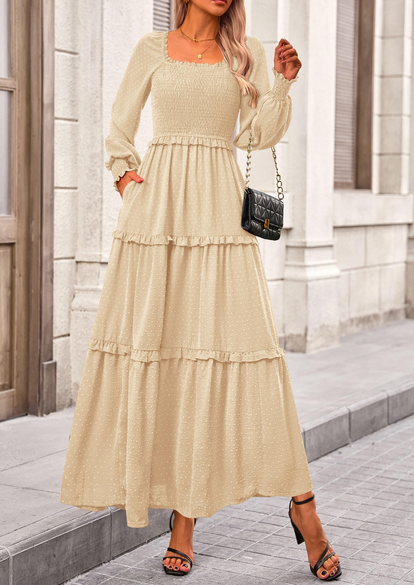 PRETTYGARDEN Women Fall Long Sleeve Smocked Maxi Dress Casual Square Neck Swiss Dot Tiered Ruffle Flowy Spring Pocket Dresses