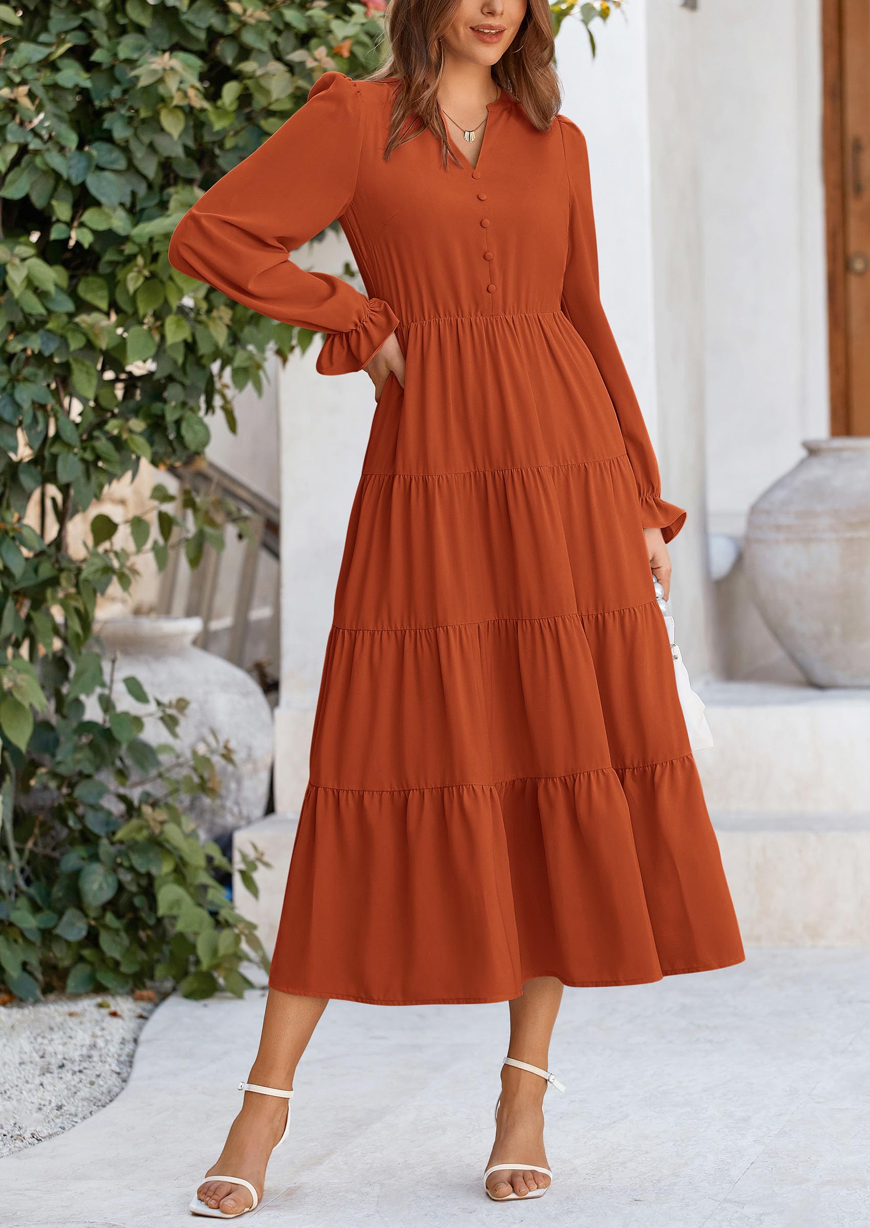 PRETTYGARDEN Women Fall Long Sleeve Smocked Maxi Dress Casual Square Neck Swiss Dot Tiered Ruffle Flowy Spring Pocket Dresses
