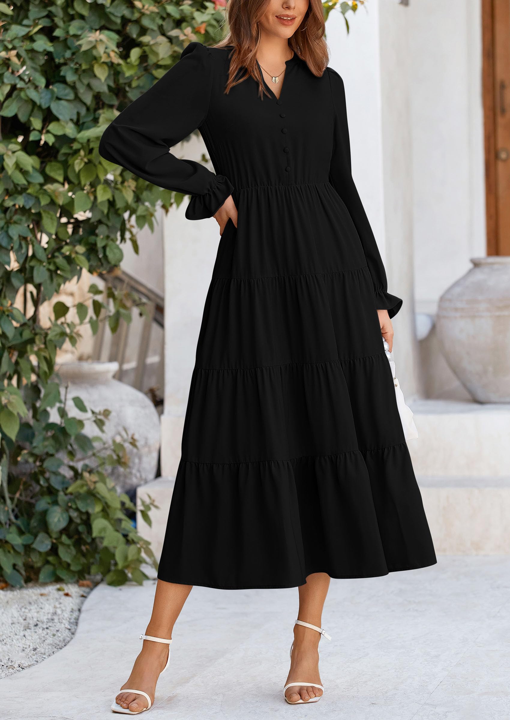 PRETTYGARDEN Women Fall Long Sleeve Smocked Maxi Dress Casual Square Neck Swiss Dot Tiered Ruffle Flowy Spring Pocket Dresses