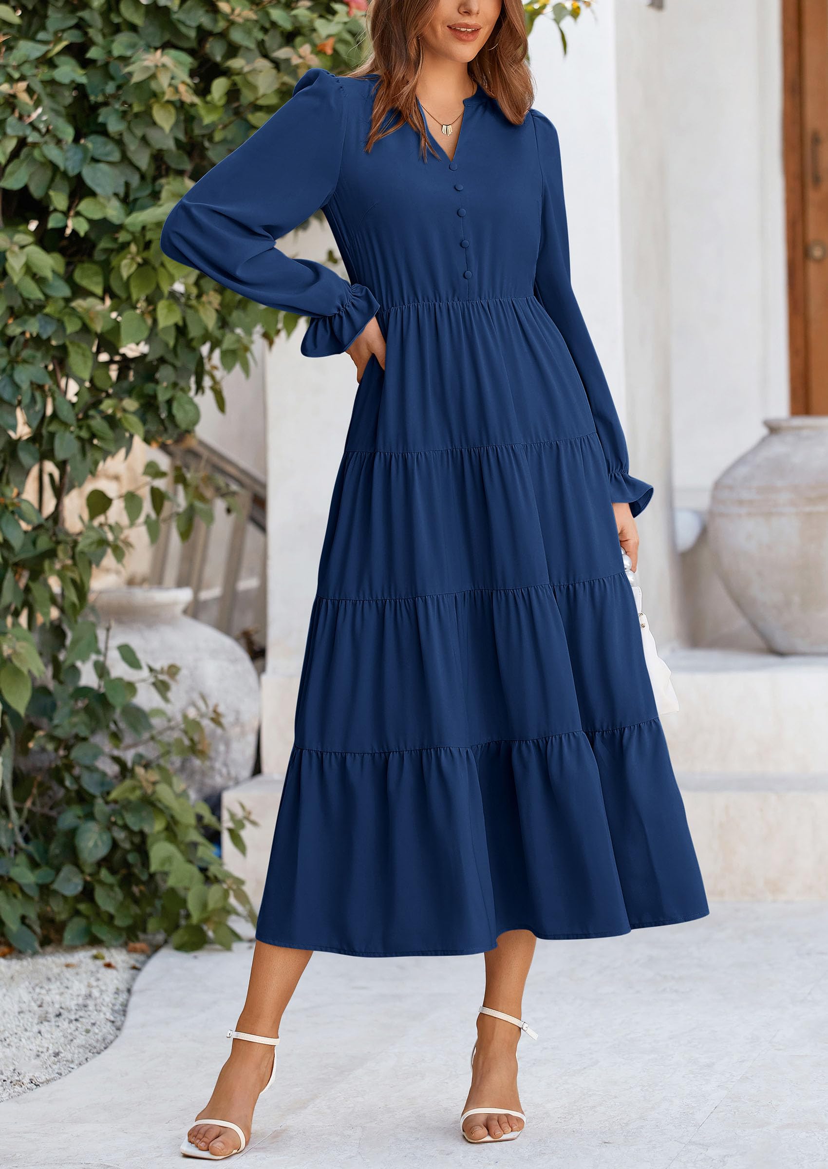 PRETTYGARDEN Women Fall Long Sleeve Smocked Maxi Dress Casual Square Neck Swiss Dot Tiered Ruffle Flowy Spring Pocket Dresses