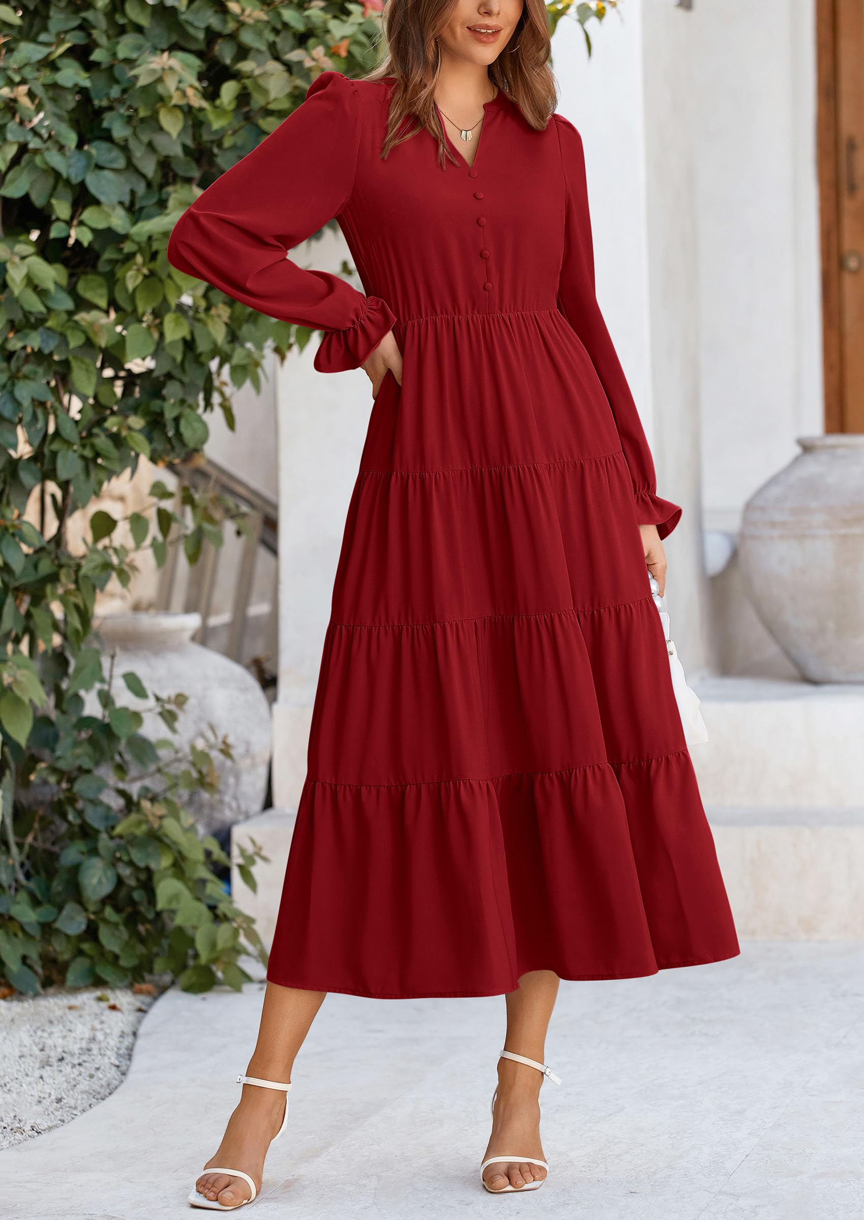 PRETTYGARDEN Women Fall Long Sleeve Smocked Maxi Dress Casual Square Neck Swiss Dot Tiered Ruffle Flowy Spring Pocket Dresses