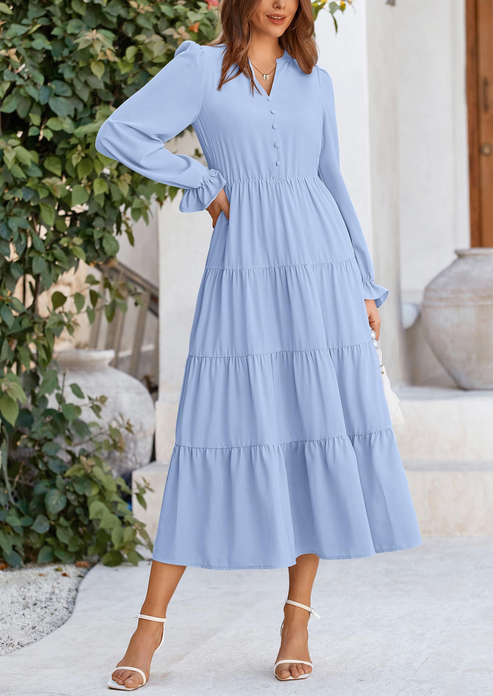 PRETTYGARDEN Women Fall Long Sleeve Smocked Maxi Dress Casual Square Neck Swiss Dot Tiered Ruffle Flowy Spring Pocket Dresses