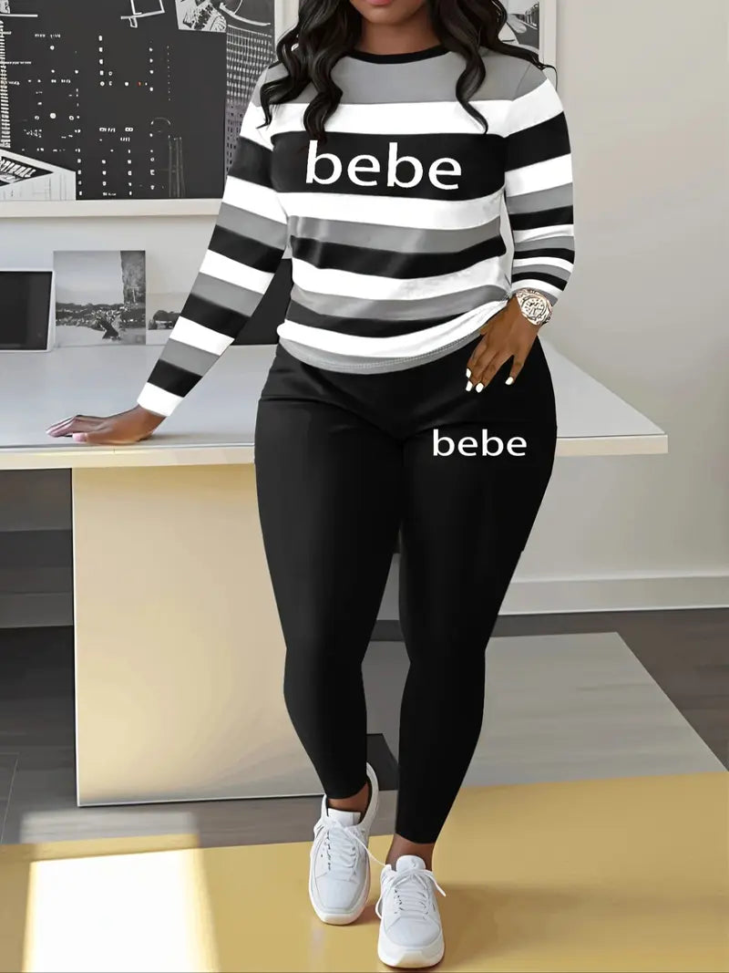 Women's Striped 'Bebe' Letter Print Round Neck Long Sleeve Top and Pants Set