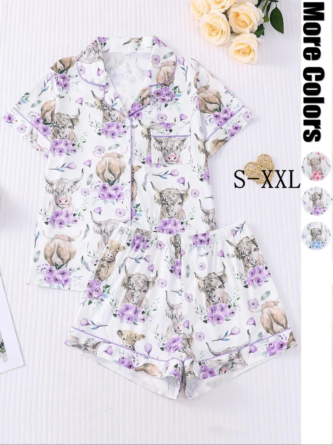 Women's All-Over Cow-Print Contrast-Trim Shirt & Elastic-Waist Shorts Pajama Loungewear Set