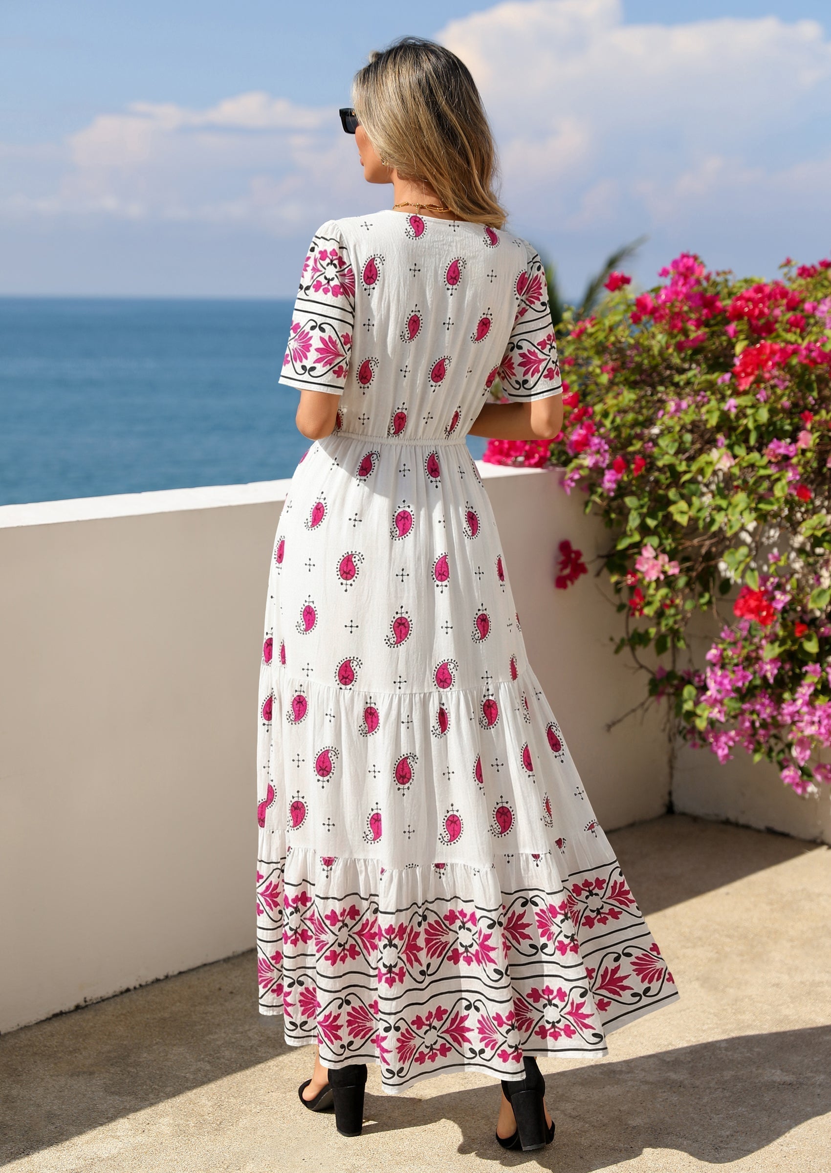 PRETTYGARDEN Womens Summer Boho Maxi Dress Trendy Short Sleeve V Neck Flowy Beach Floral Dresses with Pockets