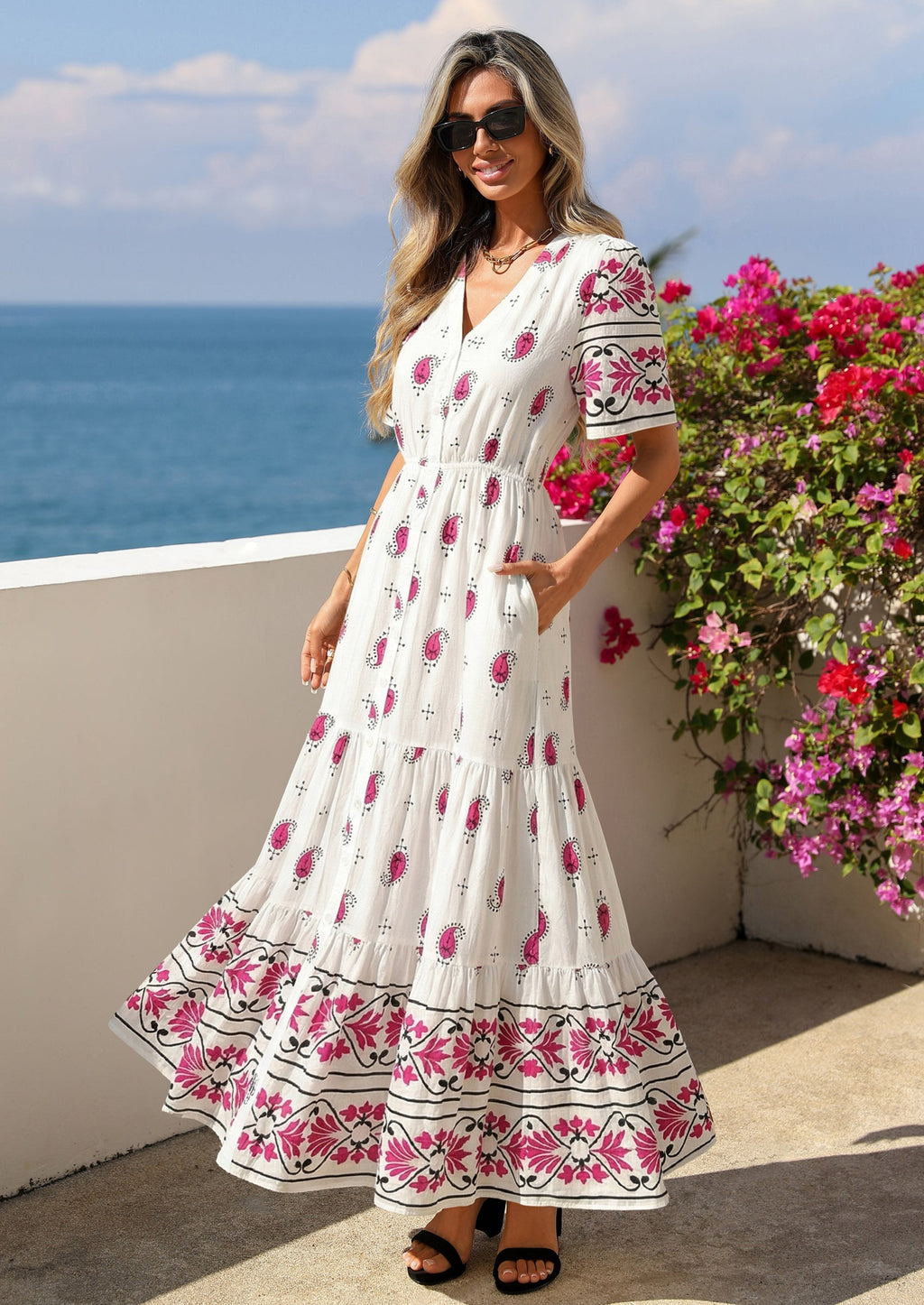 PRETTYGARDEN Womens Summer Boho Maxi Dress Trendy Short Sleeve V Neck Flowy Beach Floral Dresses with Pockets