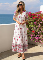 PRETTYGARDEN Womens Summer Boho Maxi Dress Trendy Short Sleeve V Neck Flowy Beach Floral Dresses with Pockets