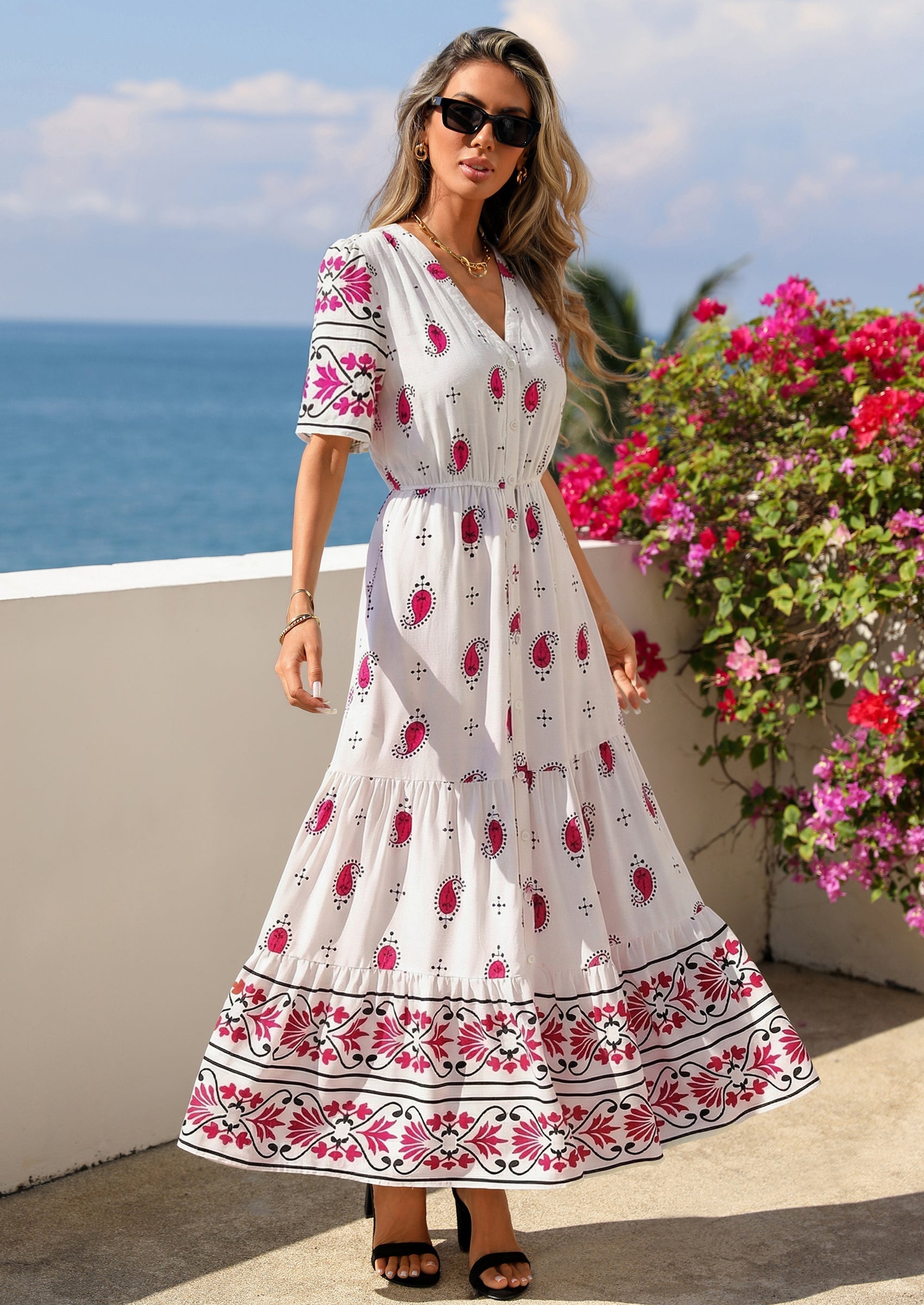 PRETTYGARDEN Womens Summer Boho Maxi Dress Trendy Short Sleeve V Neck Flowy Beach Floral Dresses with Pockets