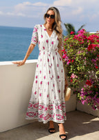 PRETTYGARDEN Womens Summer Boho Maxi Dress Trendy Short Sleeve V Neck Flowy Beach Floral Dresses with Pockets