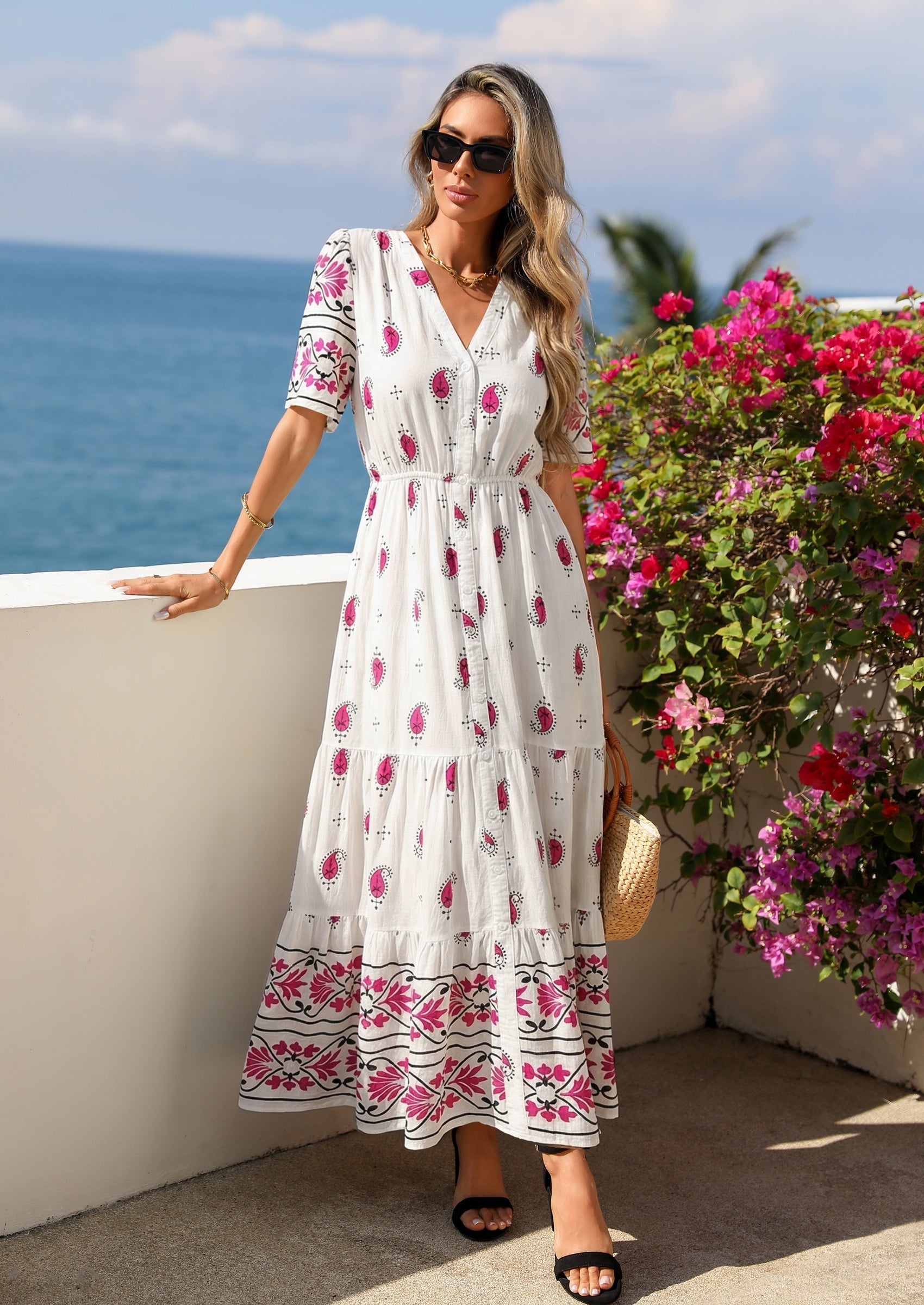 PRETTYGARDEN Womens Summer Boho Maxi Dress Trendy Short Sleeve V Neck Flowy Beach Floral Dresses with Pockets