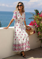 PRETTYGARDEN Womens Summer Boho Maxi Dress Trendy Short Sleeve V Neck Flowy Beach Floral Dresses with Pockets