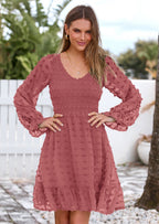 BTFBM Spring Dresses for Women 2026 Long Sleeve Casual V Neck Swiss Dot Smocked Ruffle Chiffon Flowy Mini Summer Dress