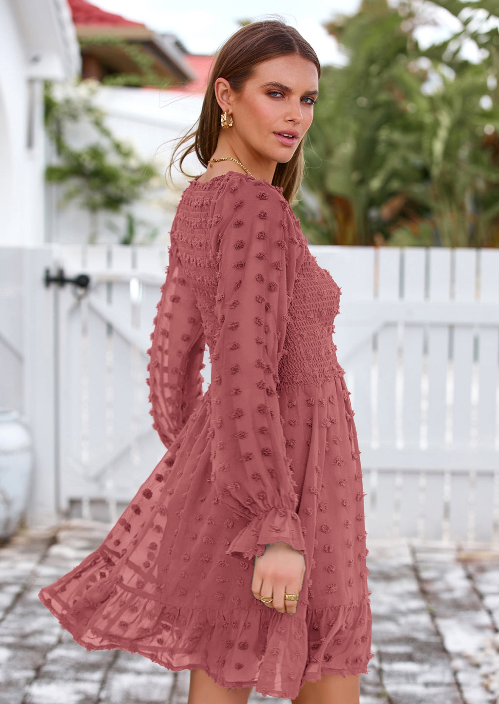 BTFBM Spring Dresses for Women 2026 Long Sleeve Casual V Neck Swiss Dot Smocked Ruffle Chiffon Flowy Mini Summer Dress