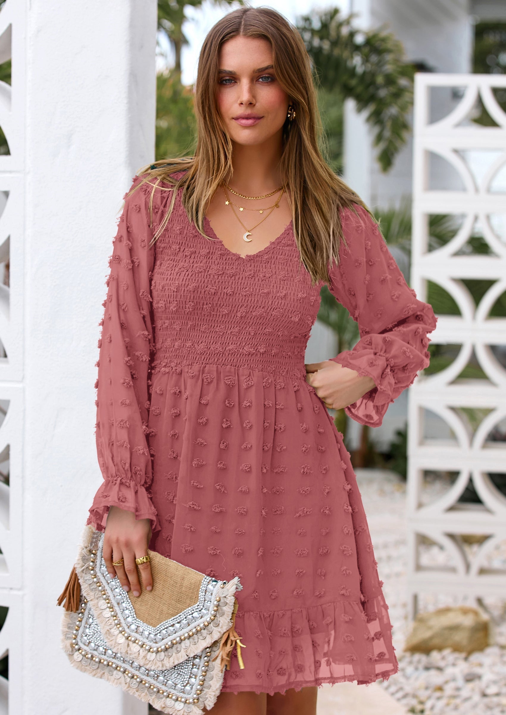 BTFBM Spring Dresses for Women 2026 Long Sleeve Casual V Neck Swiss Dot Smocked Ruffle Chiffon Flowy Mini Summer Dress
