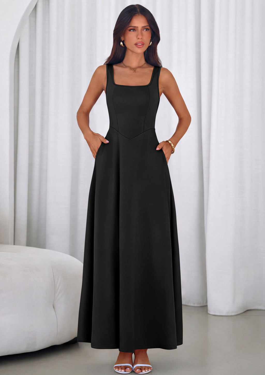 PRETTYGARDEN Womens Summer Dresses Sleeveless Elegant Square Neck Aline Swing Maxi Beach Wedding Guest Dress Pockets