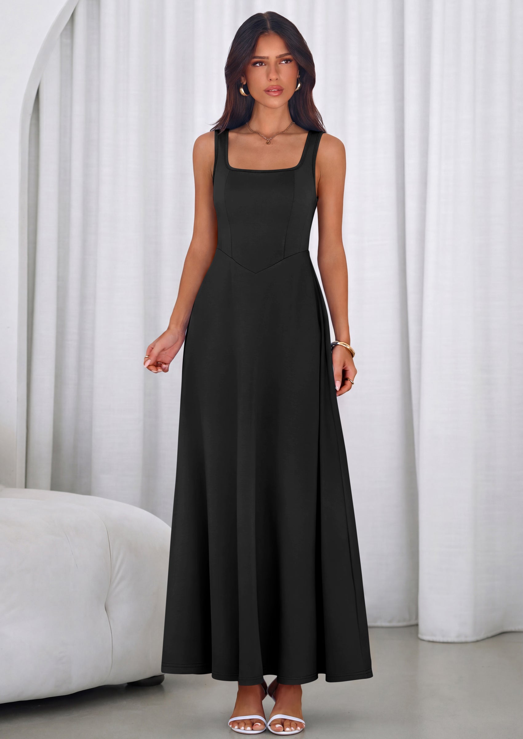 PRETTYGARDEN Womens Summer Dresses Sleeveless Elegant Square Neck Aline Swing Maxi Beach Wedding Guest Dress Pockets