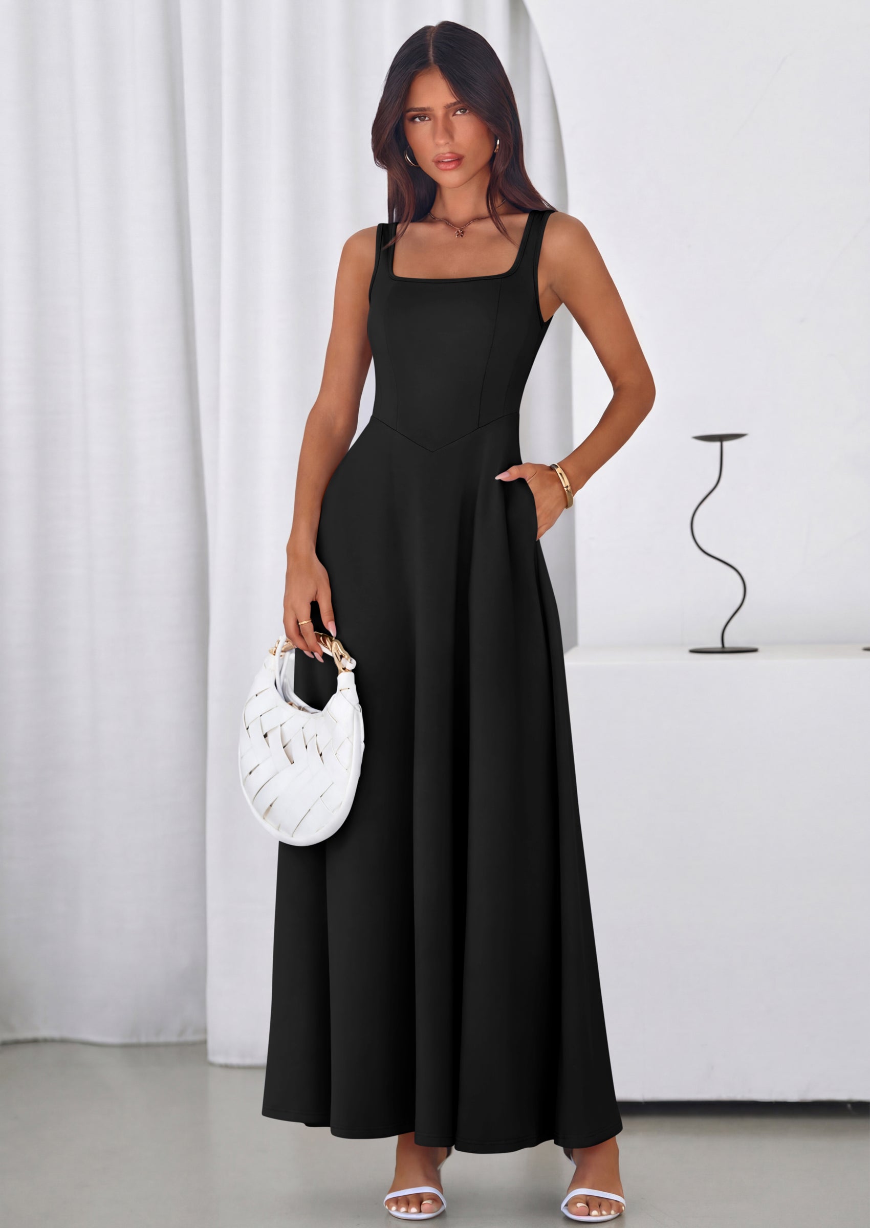 PRETTYGARDEN Womens Summer Dresses Sleeveless Elegant Square Neck Aline Swing Maxi Beach Wedding Guest Dress Pockets