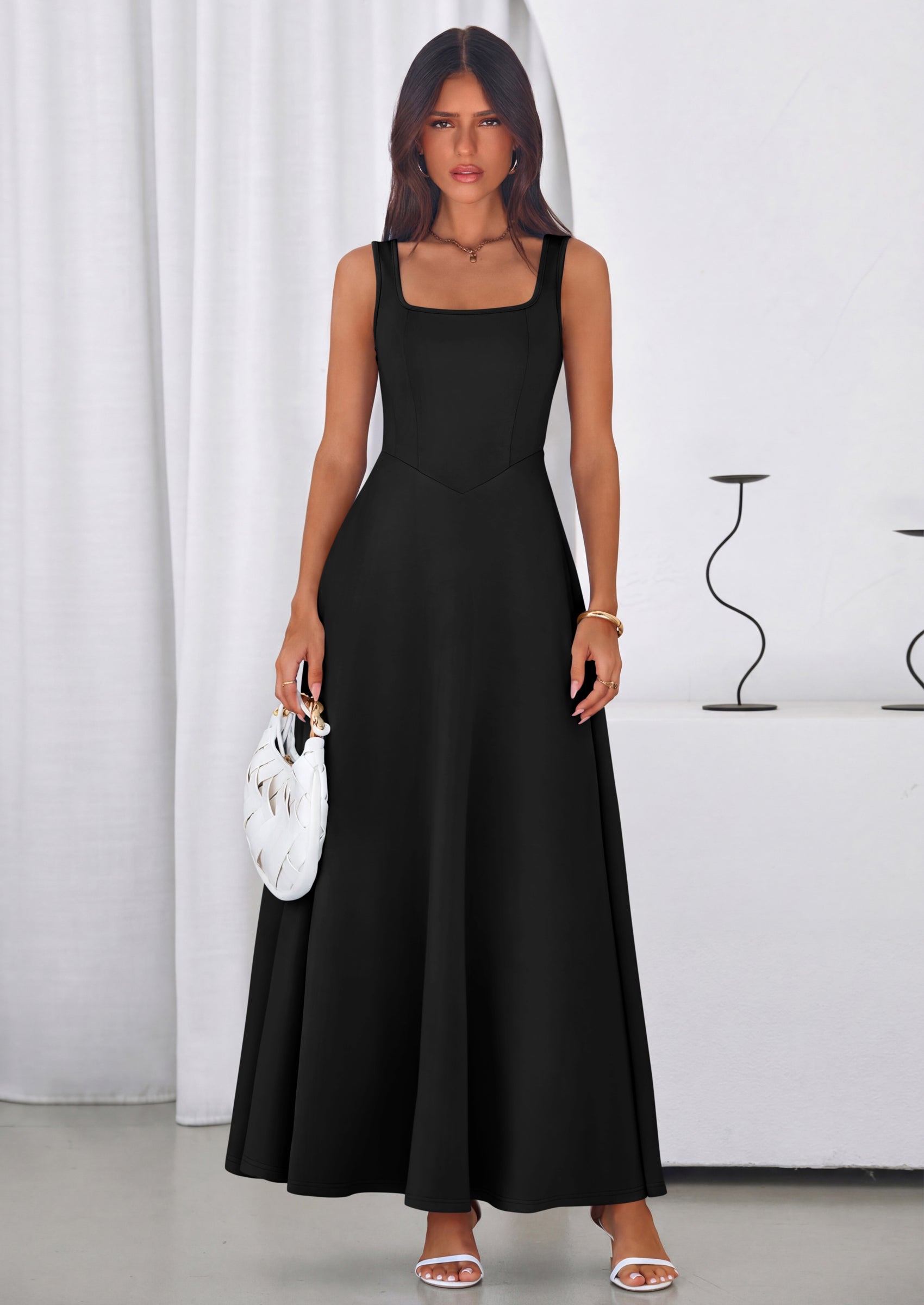 PRETTYGARDEN Womens Summer Dresses Sleeveless Elegant Square Neck Aline Swing Maxi Beach Wedding Guest Dress Pockets