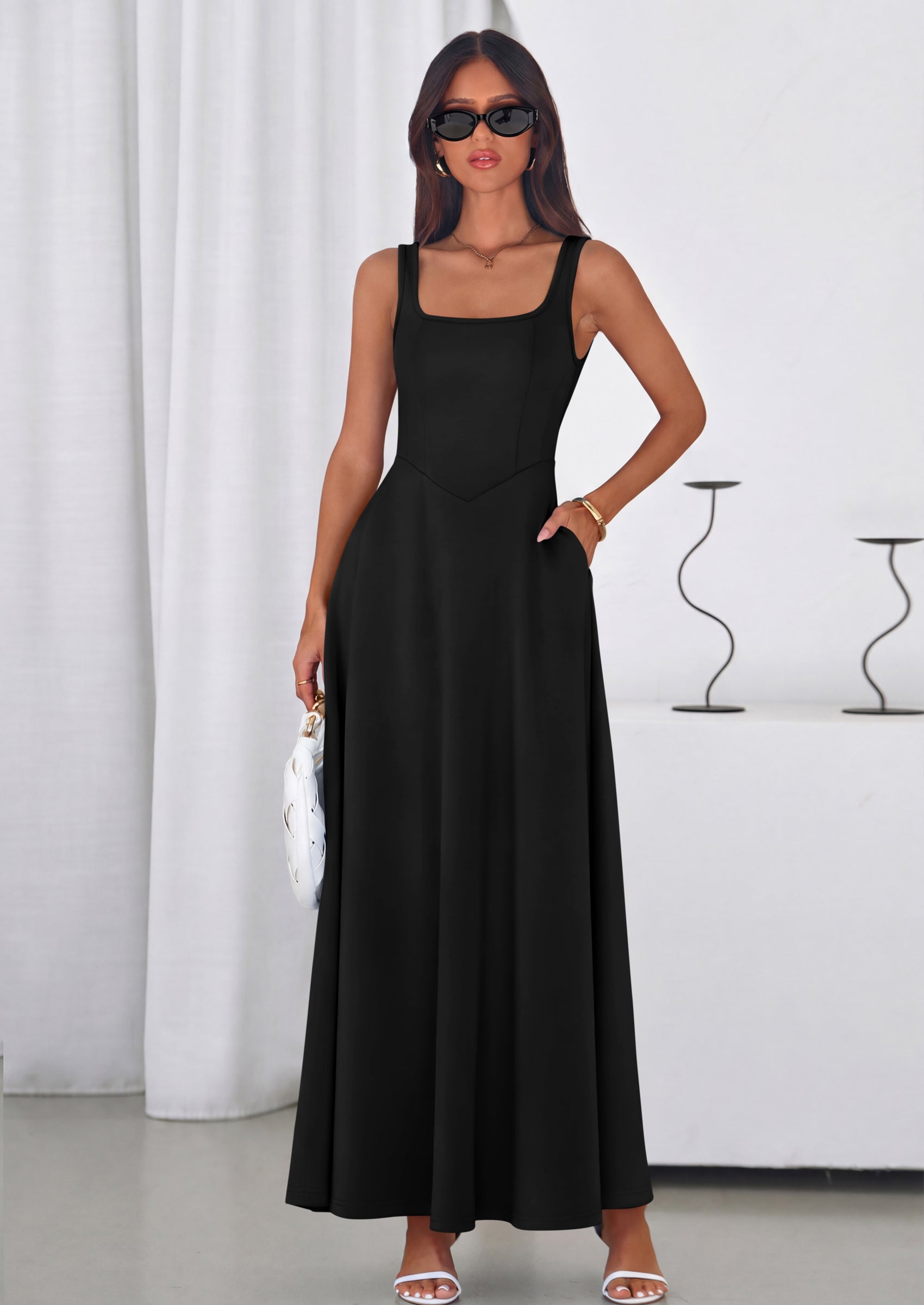 PRETTYGARDEN Womens Summer Dresses Sleeveless Elegant Square Neck Aline Swing Maxi Beach Wedding Guest Dress Pockets